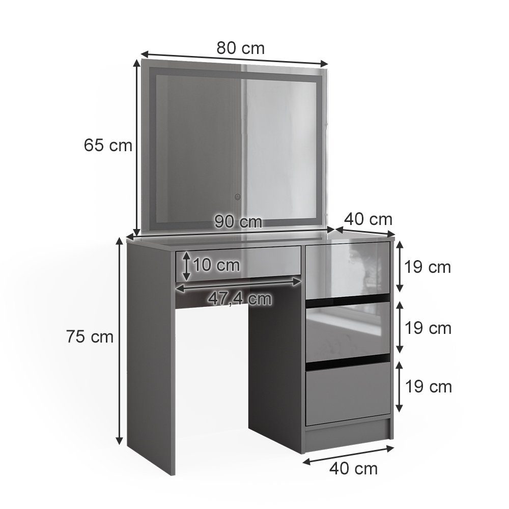 Vicco Schminktisch Sherry, Grau/Grau, 90 cm mit LED Beleuchtung (2-St)