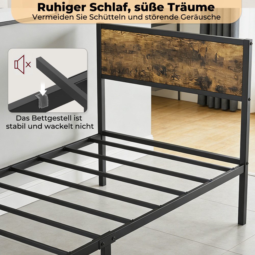PFCTART Metallbett Bett 90x200 Metallbett mit Holzoptik, Stahl & MDF, Vintage (Set, 1-tlg., Bettgestell 90x200 als Einzelbett, inkl. Lattenrost, für Jugendzimmer), 160 kg, 90 cm Kopfteil, 27 cm Bodenfreiheit, schwarz, kratzerfest