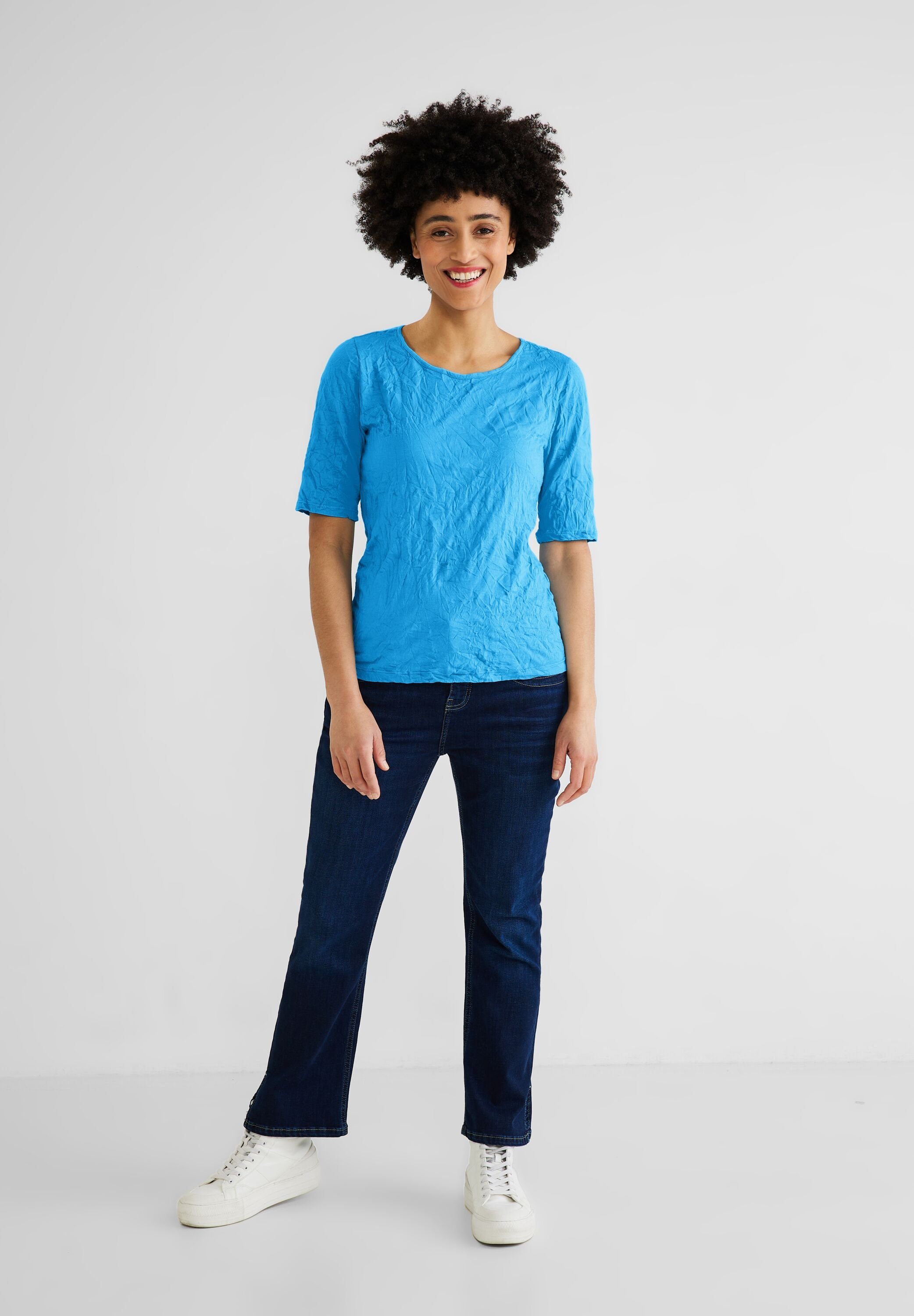 STREET ONE Rundhalsshirt softem blue Materialmix splash aus