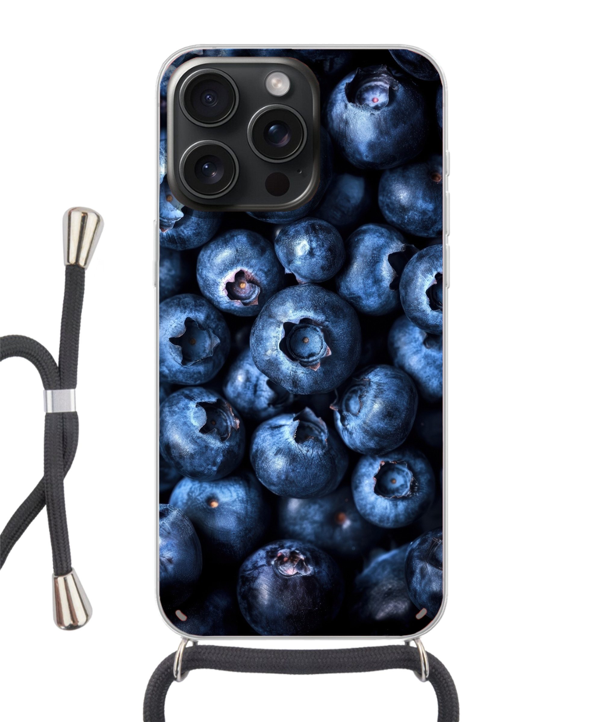 MuchoWow Handyhülle für Apple iPhone 15 Pro Beeren - Blau - Obst, Tragbare Handyhüllen mit Kette zum umhängen, Handykette Handyband