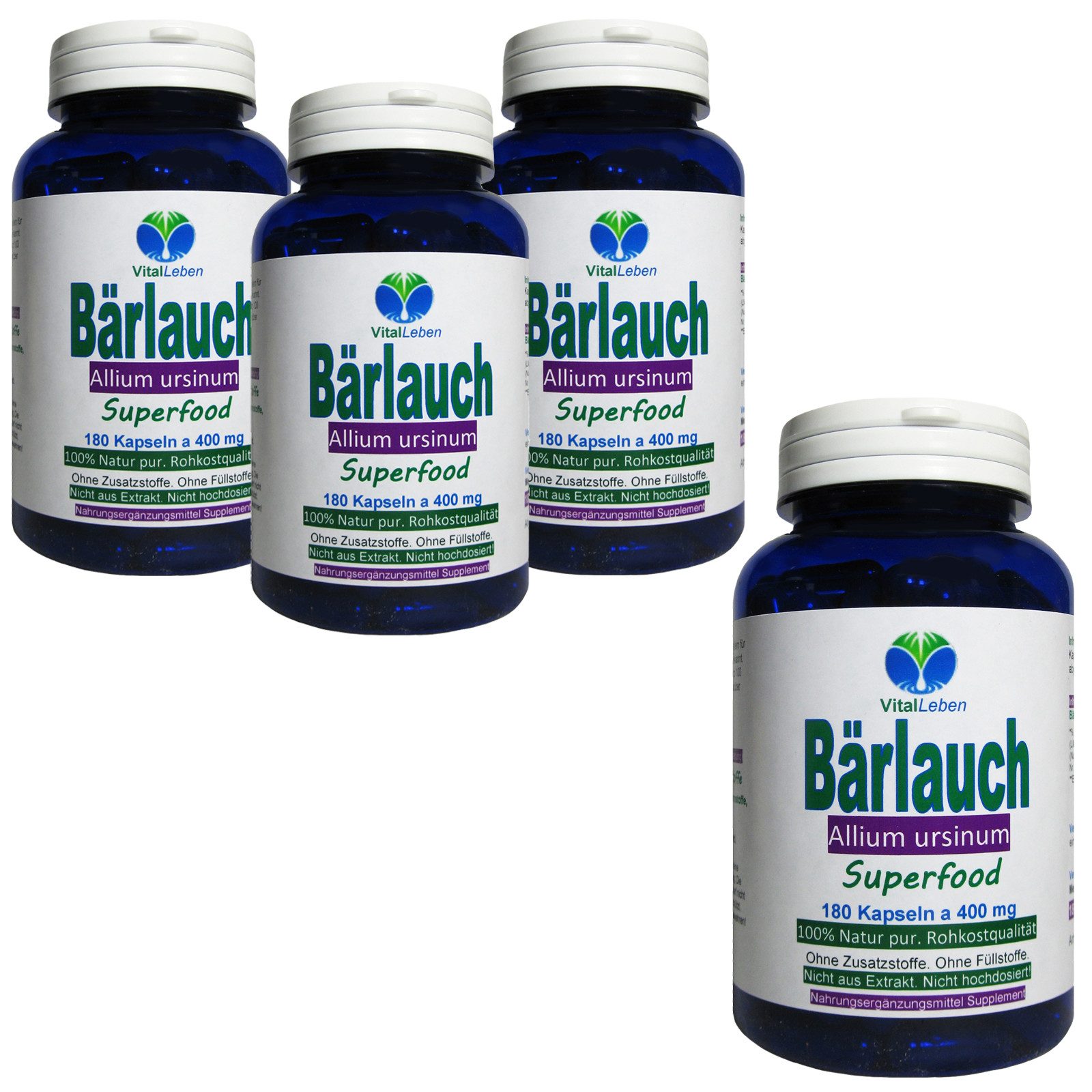 VitalLeben Bärlauch Wilder Knoblauch Frischblatt-Wildwuchs ohne Zusatzstoffe Kapseln, 4 er Dose à 180 St., 288 g, Art. 26795-720