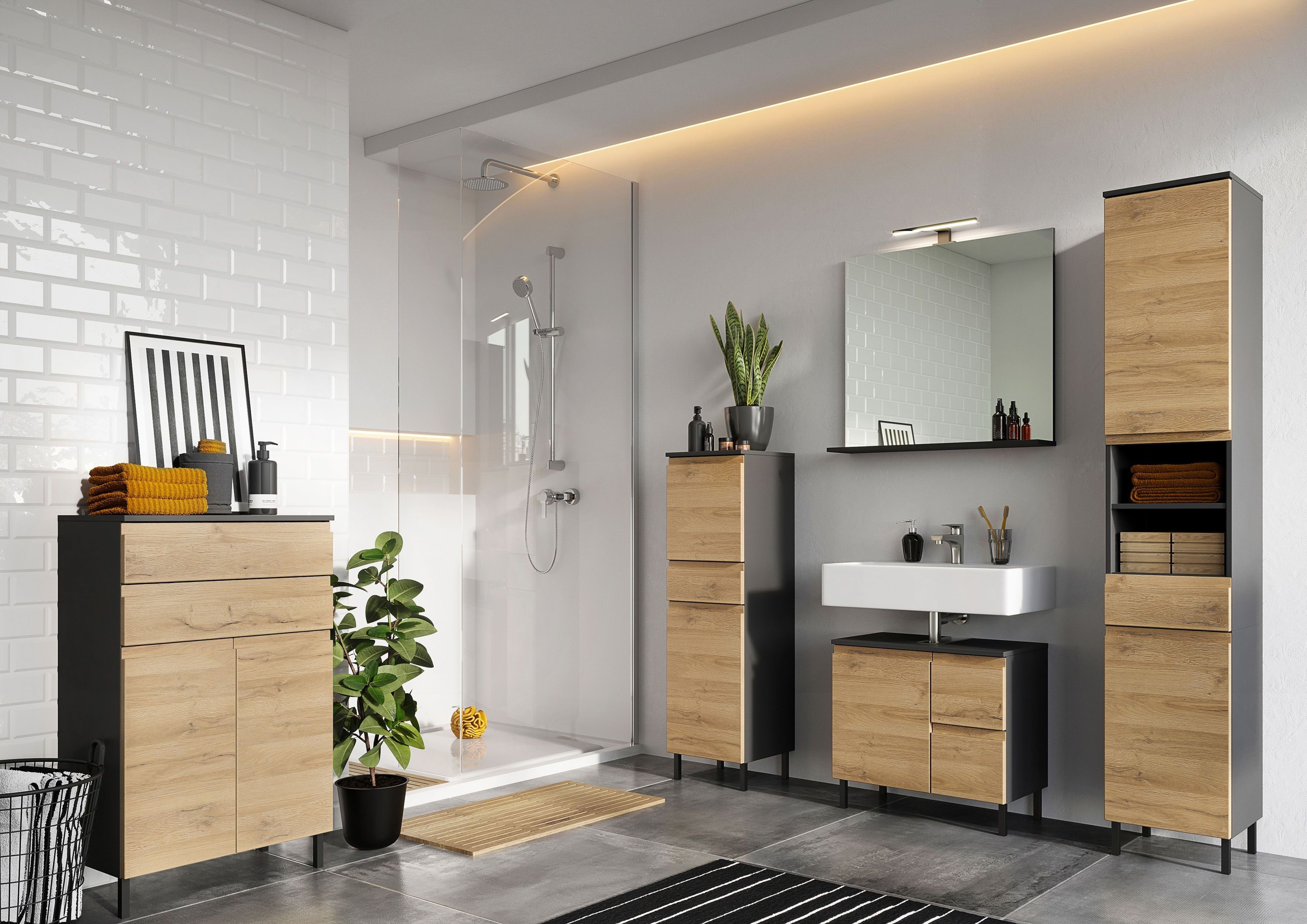 Einlegeboden Graphit Badezimmerschrank, verstellbarer cm, Waschbeckenunterschrank | GERMANIA Scantic Breite Graphit/Grandson-Eiche-Nb. 60