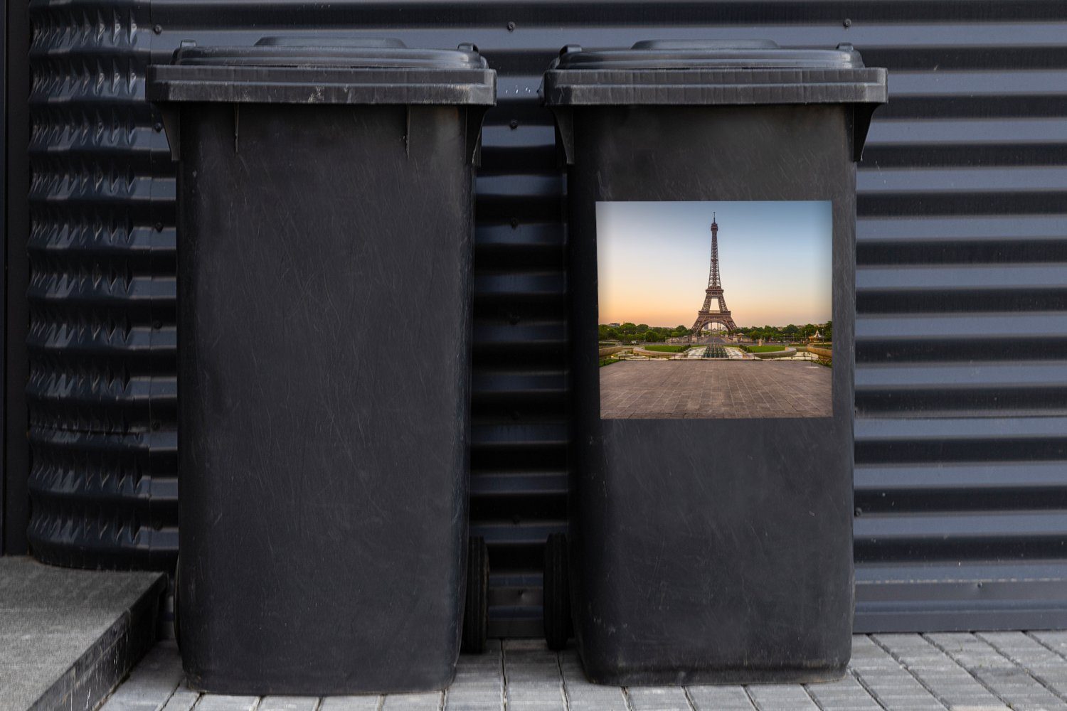 MuchoWow Wandsticker Paris - Eiffelturm - St), Abfalbehälter (1 Mülltonne, Mülleimer-aufkleber, Container, Sticker, Sonnenaufgang