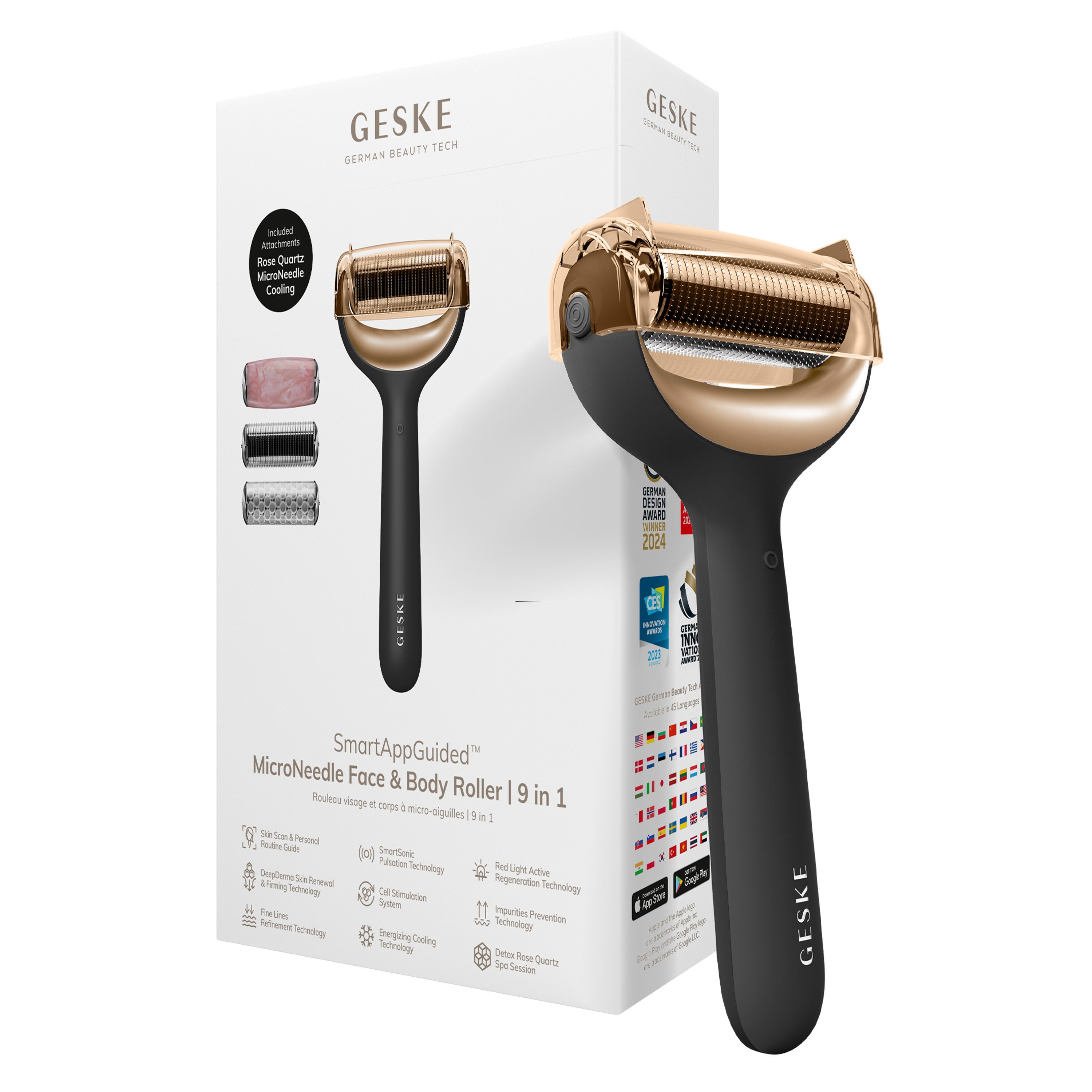 GESKE German Beauty Tech Micro-Needling SmartAppGuided™ MicroNeedle Face & Body Roller 9 in 1, Packung (Gerät & USB-Ladekabel), 5-tlg., Gerät inkl. kostenloser APP (SmartAppGuided Device), Mit der GESKE App erhältst Du deine personalisierte Hautpflegeroutine.