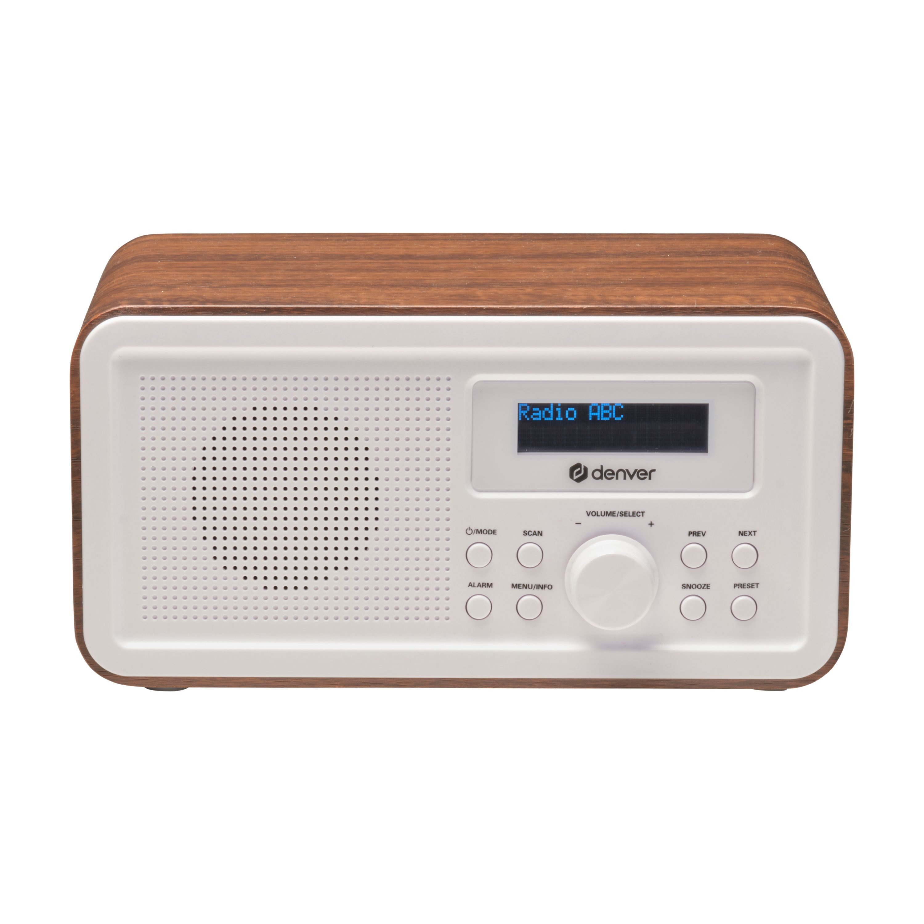 Denver DAB-30DW Digitalradio (DAB) (DAB+, FM PLL, Uhr & Alarm, Snooze, 20-stufige Lautstärkeregelung, 1 W, Holz-Design, DAB+/FM PLL)