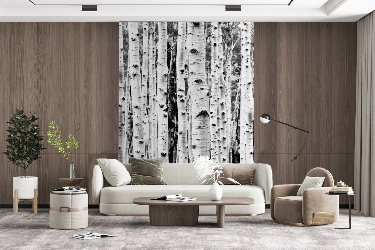 Wohnzimmer, Wandtapete Bäume - bedruckt, Tapete - MuchoWow - weiß Vinyl Schwarz St), (4 für Montagefertig und Holz Fototapete Natur, Matt,