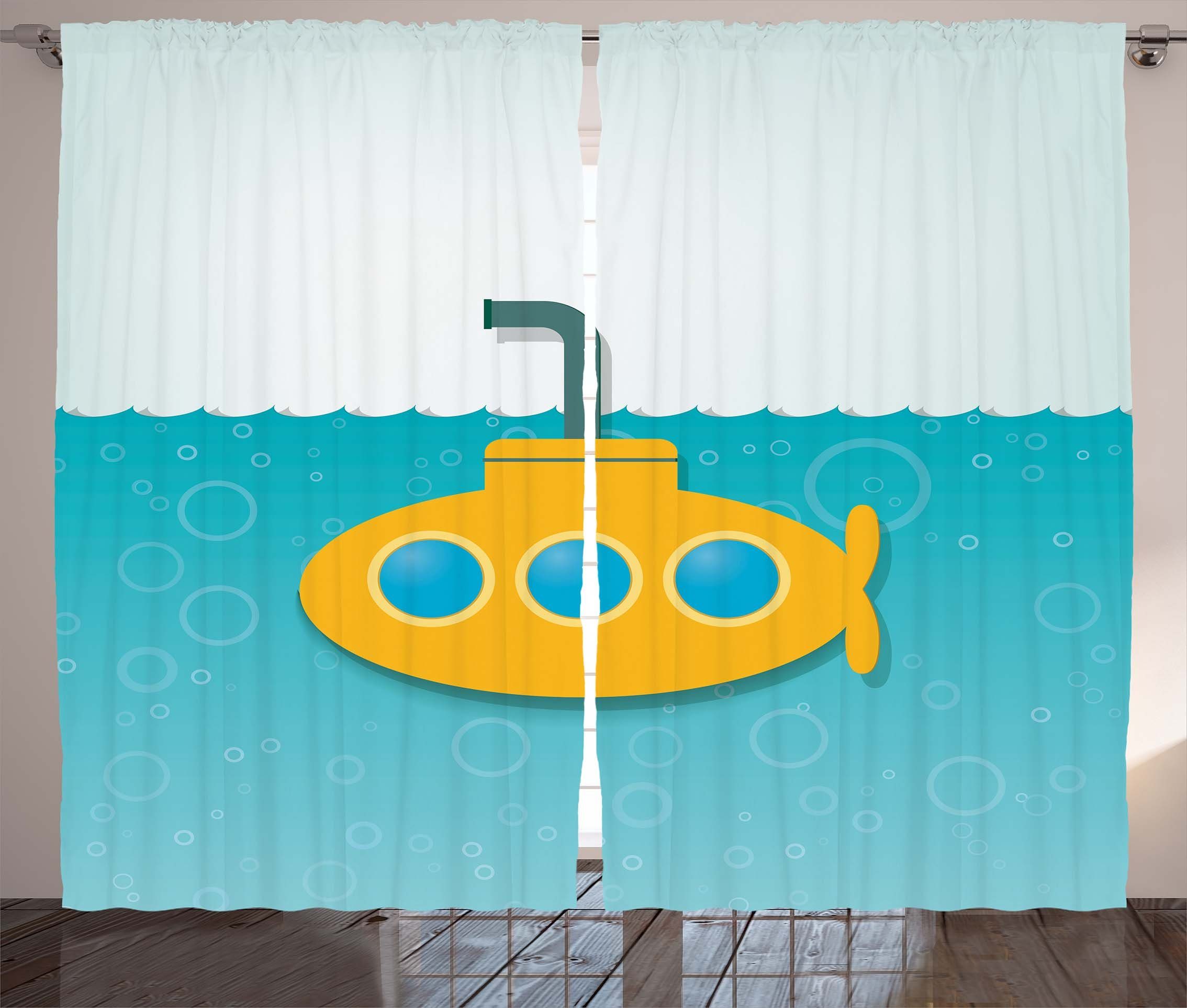 Gardine Schlafzimmer Kräuselband Vorhang mit Schlaufen und Haken, Abakuhaus, Gelbes U-Boot Bubbles on Sea