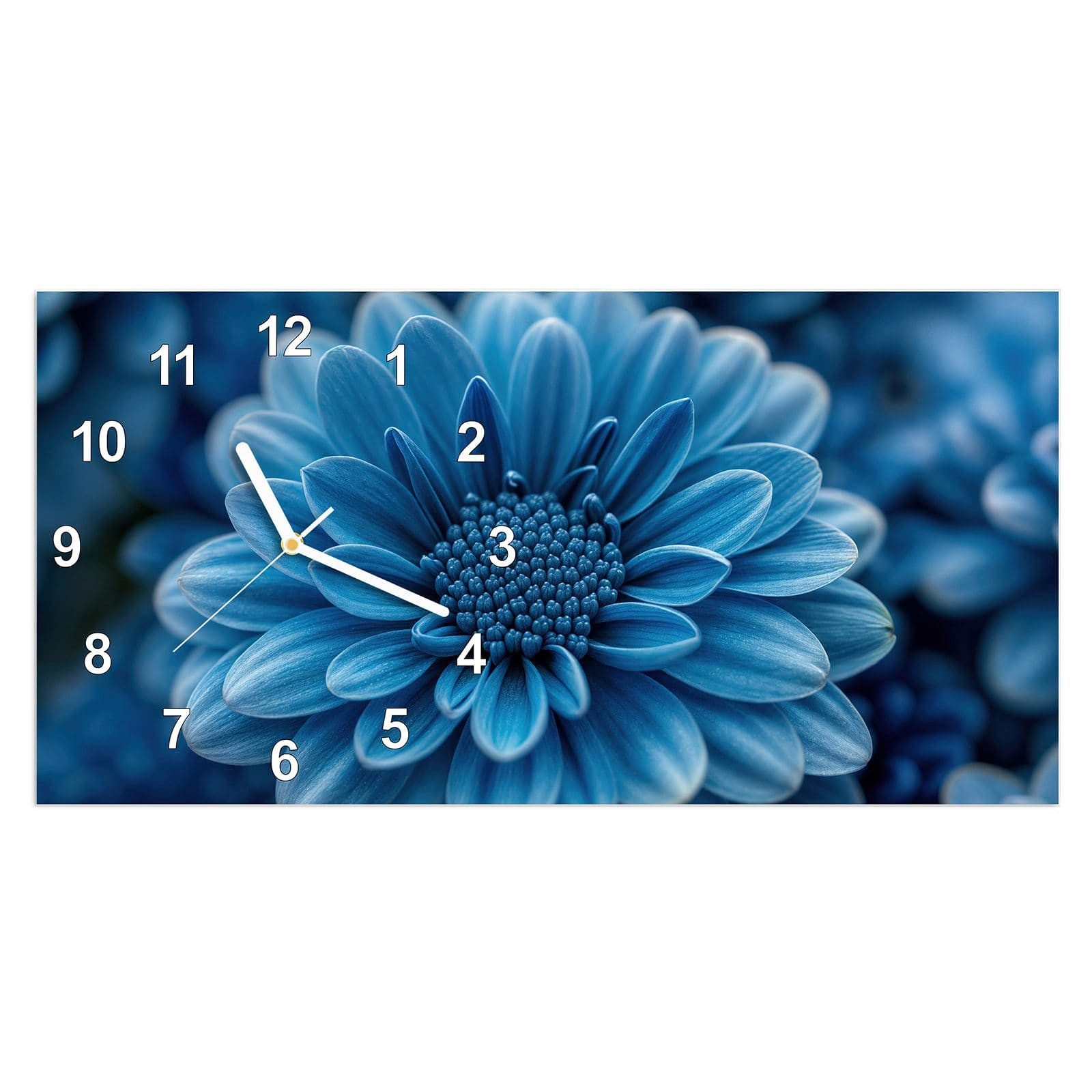 Wanduhr Glasuhr Wandkunst Größe 60 x 30 cm mit Motiv Blaue Blume