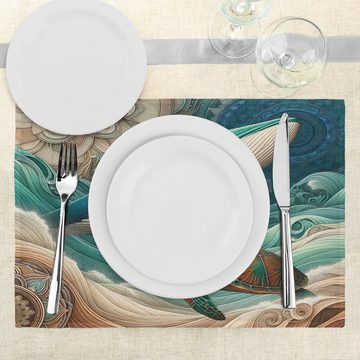 Platzset, Waschbare Stoff Esszimmer Küche Tischdekorations Digitaldruck, Abakuhaus, (4-teilig, 4-St., Set aus 4x), Nautisch Boho Eastern Ocean Wal Schildkröte