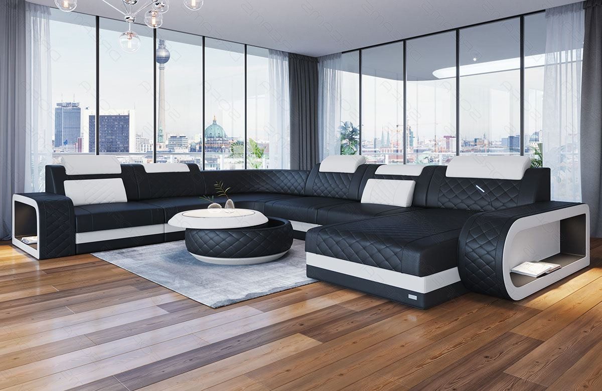 Sofa Dreams Wohnlandschaft Ledersofa Berlin XXL U Form Mini Designersofa, 6-Sitzer, Ottomane, freie Farbwahl, LED, USB