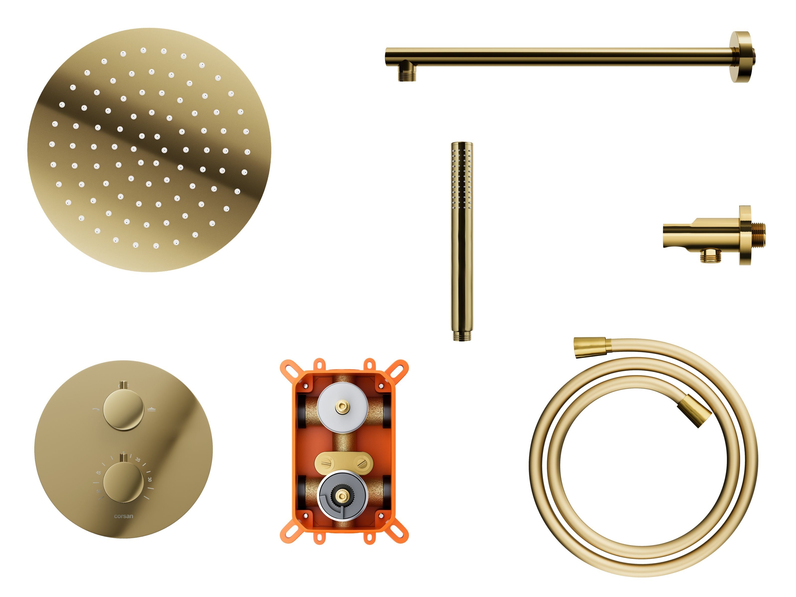 KOLMAN Stangenbrause-Set LUGO Komplettes Unterputz Duschsystem Thermostatisch in Gold, Höhe 18 cm, in Gold