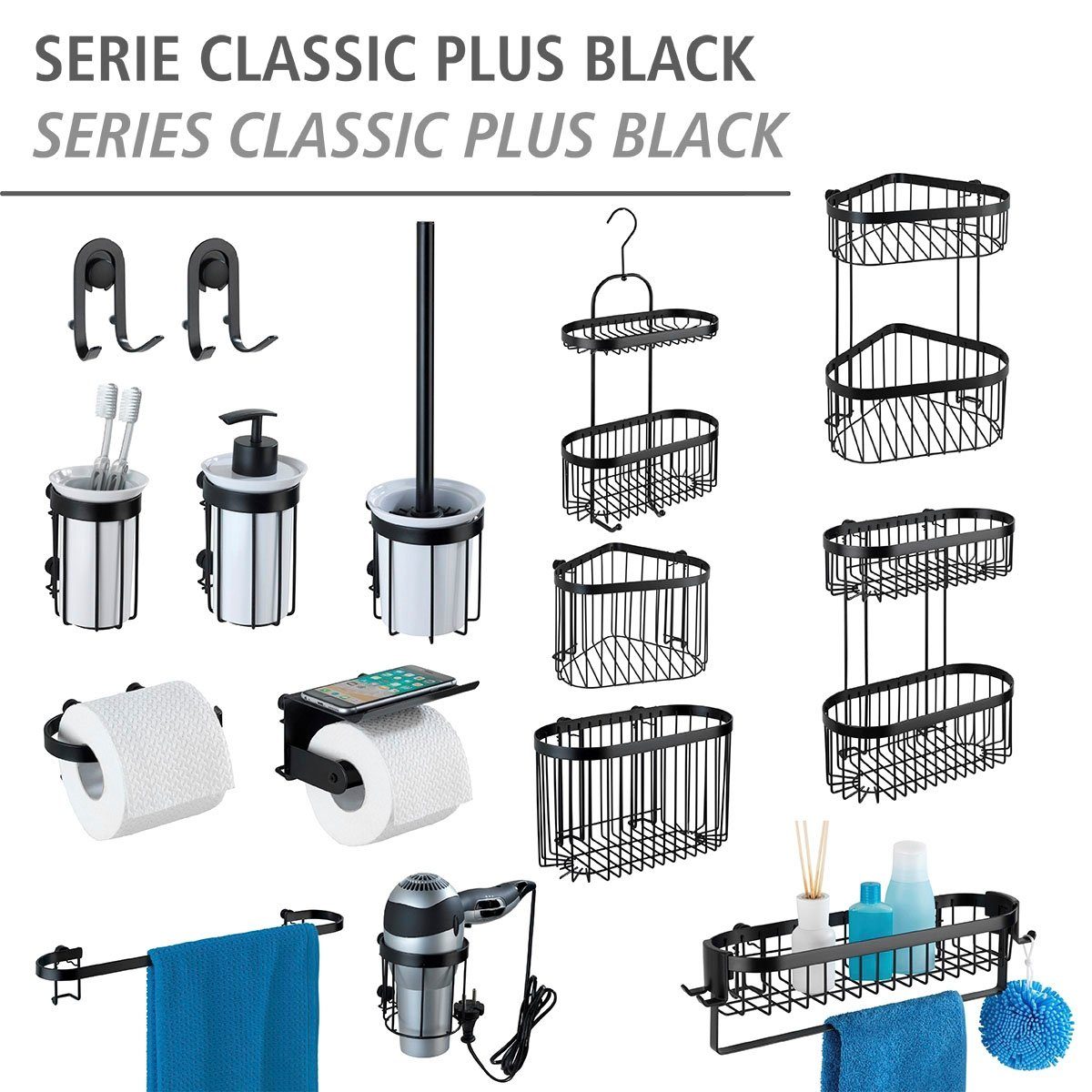 WENKO Badregal Classic Dusche Plus für Moderner einfaches für Black, Ablage, Ablagekorb Korb, mit Aufhängen beweglichem 1 1 Haken die