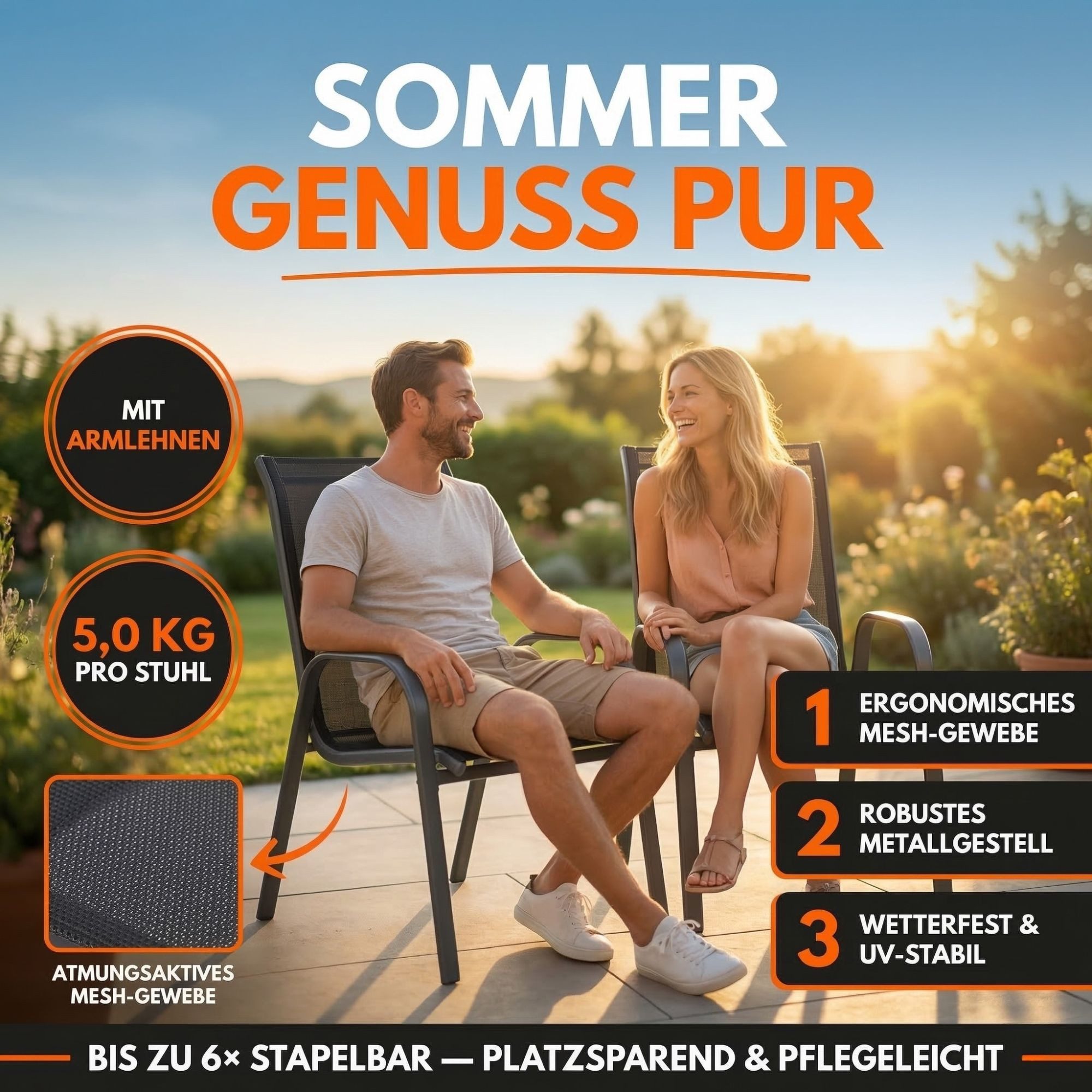Albatros International Gartenstuhl Gartenstuhl KUBA stapelbar, 2er Set bequem belastbar Metall (mit robustem Metallgestell und hoher Belastbarkeit – Stapelstühl – Bild 2 von 5
