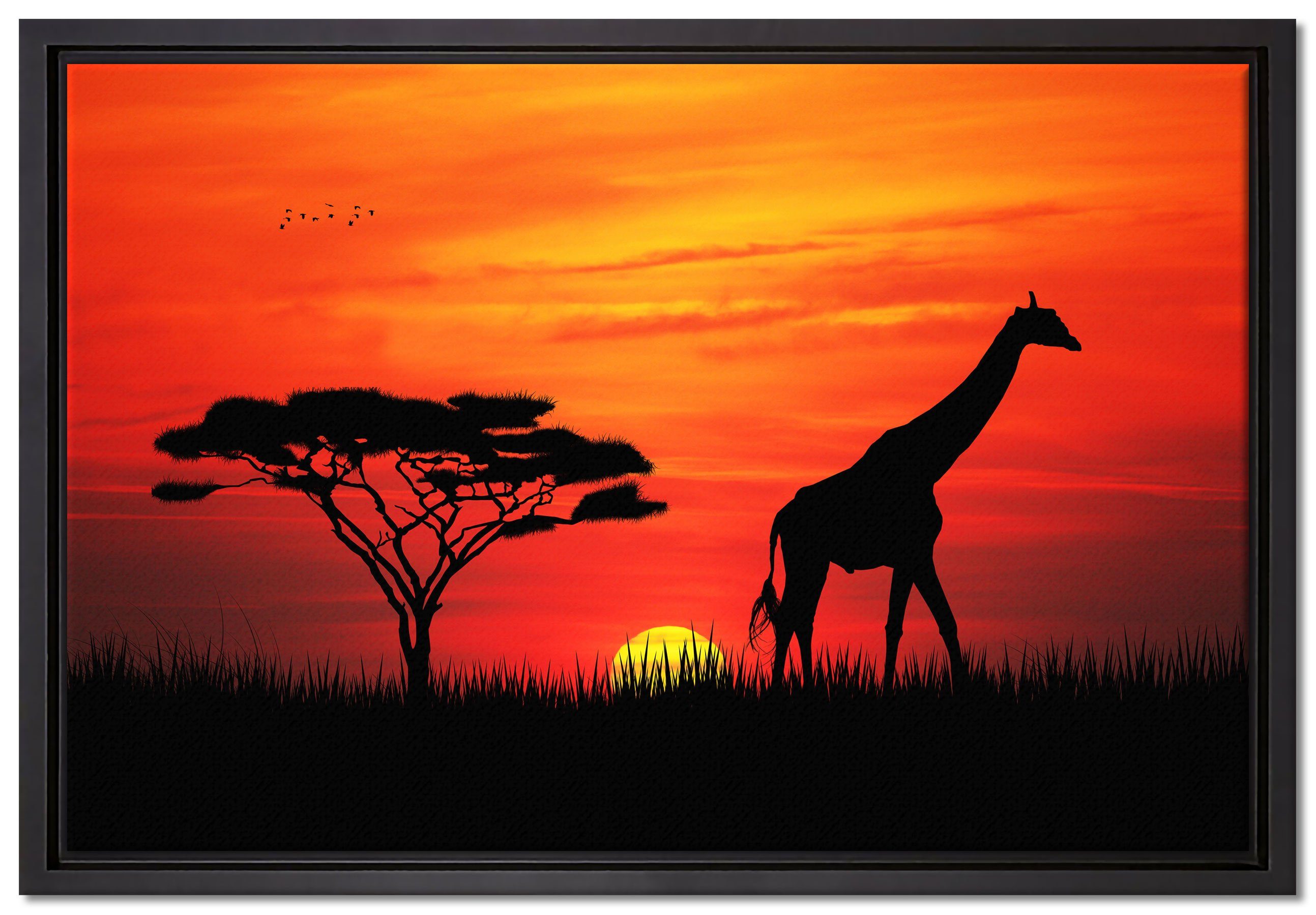 Pixxprint Leinwandbild Giraffe im Sonnenuntergang, Wanddekoration (1 St), Leinwandbild fertig bespannt, in einem Schattenfugen-Bilderrahmen gefasst, inkl. Zackenaufhänger