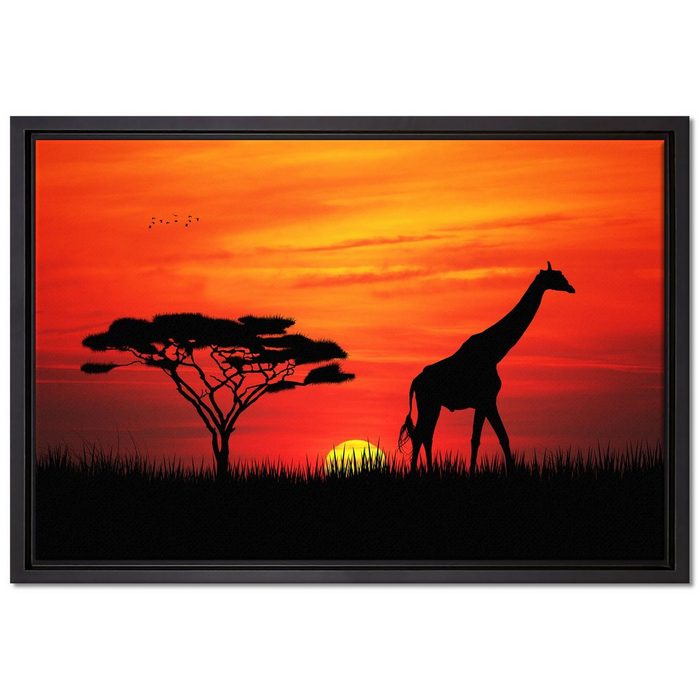 Pixxprint Leinwandbild Giraffe im Sonnenuntergang Wanddekoration (1 St) Leinwandbild fertig bespannt in einem Schattenfugen-Bilderrahmen gefasst inkl. Zackenaufhänger