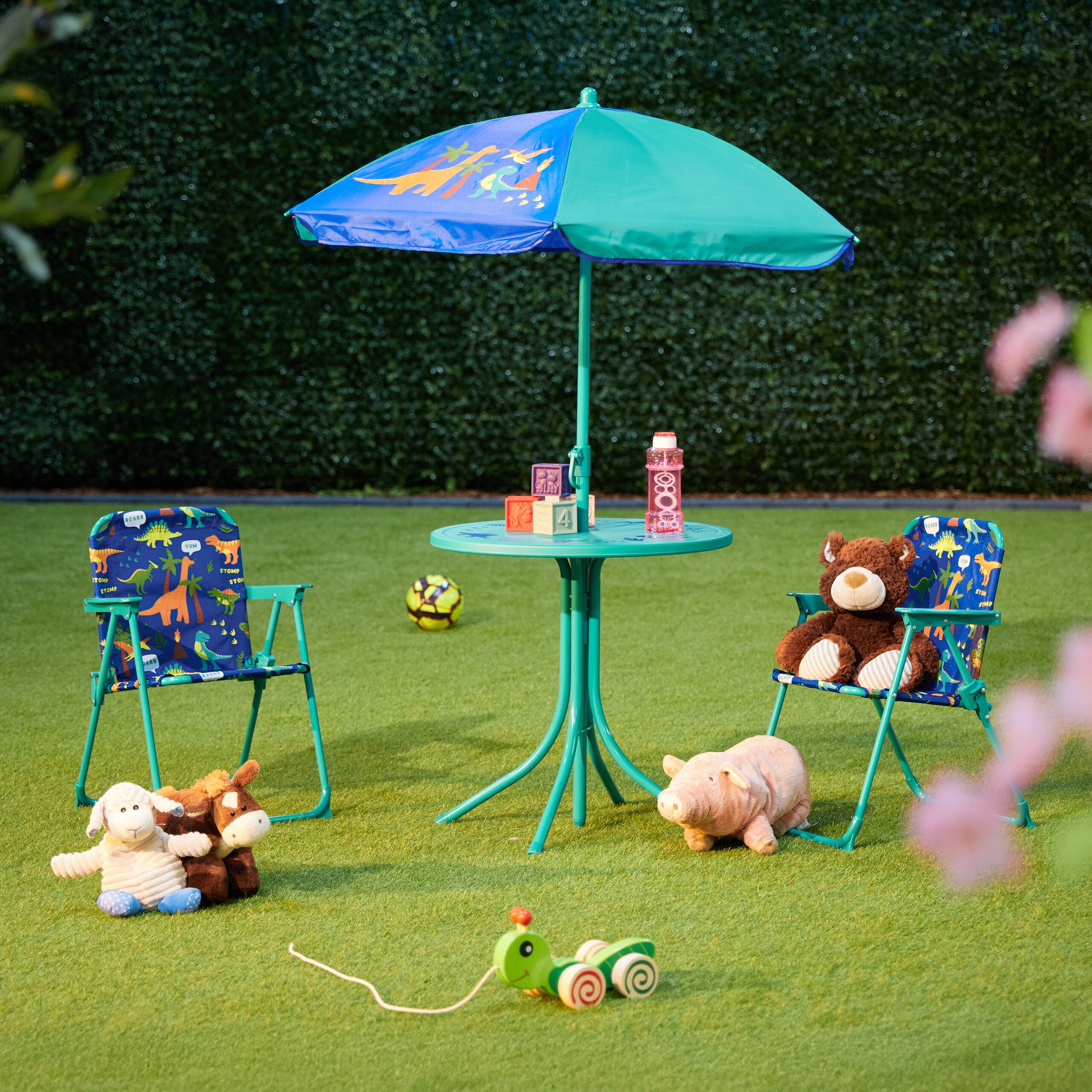 relaxdays Garten-Kindersitzgruppe Camping Kindersitzgruppe mit Schirm, (4-tlg), Dino – Bild 2 von 5