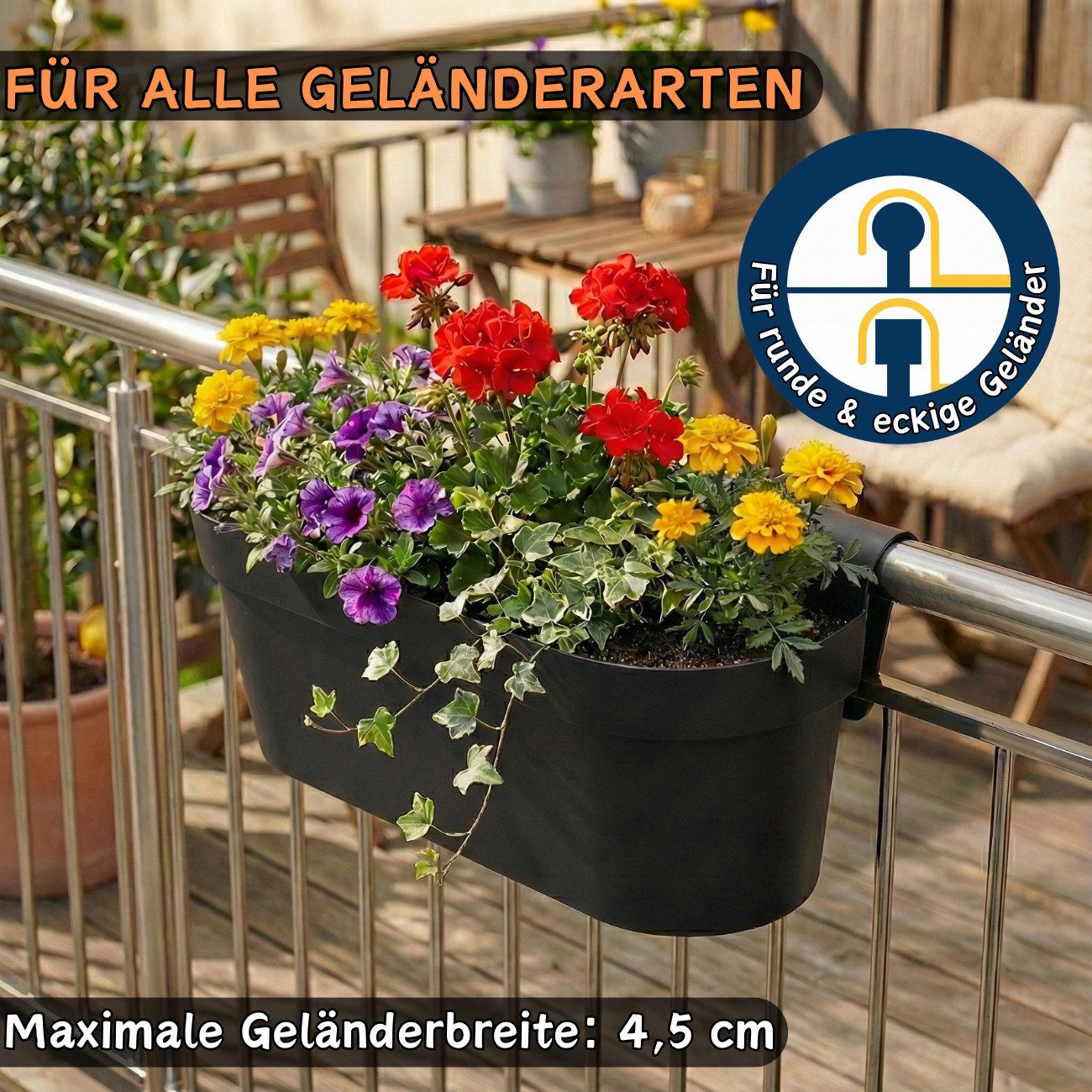 Engelland Balkonkasten Blumenkasten mit Wasserspeicher & Drainagesystem (Vorteils-Set, 3 St., Robust & Bruchfest), Blumentopf für Balkongeländer & Gartenzäune,  – Bild 2 von 5