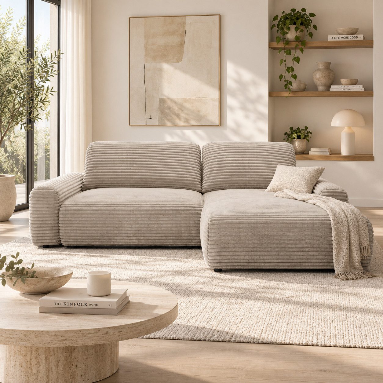 Goldstoff Ecksofa mit Schlaffunktion und Bettkasten, Cord Sofa - Modernes Schlafsofa, L-Form Schlafsofa mit Schlaffunktion und Bettkasten, moderner Cordstoff 2 Teile, pflegeleichtes Cordsofa mit Schlaffunktion in beige