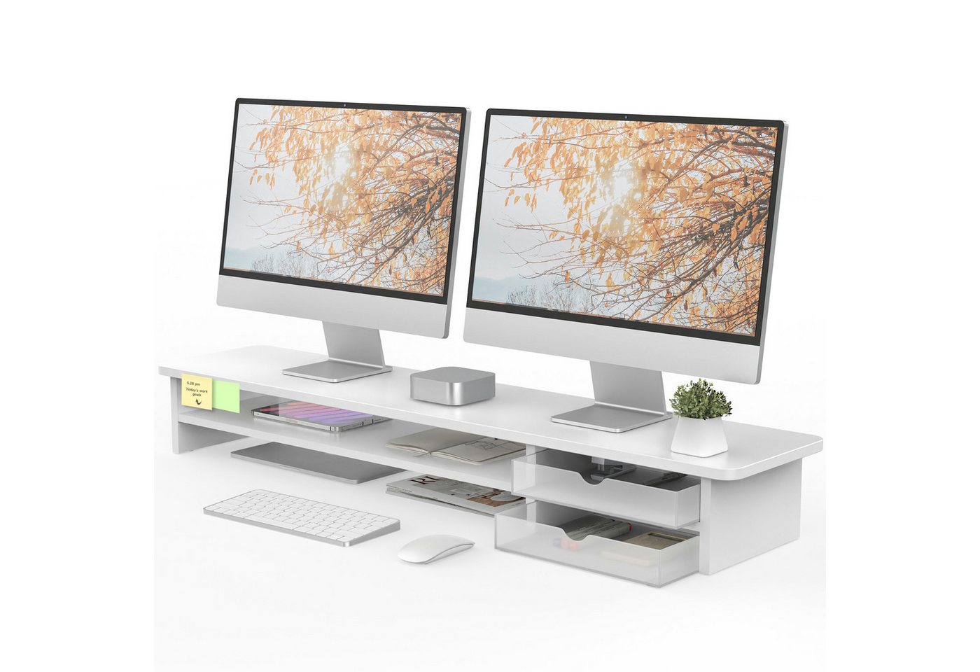 Fenge Monitorständer 108 cm breit, mit 2 Schubladen, (Schubladen flexibel positionierbar, wasserabweisend, kratzfest, fingerabdruckresistent)