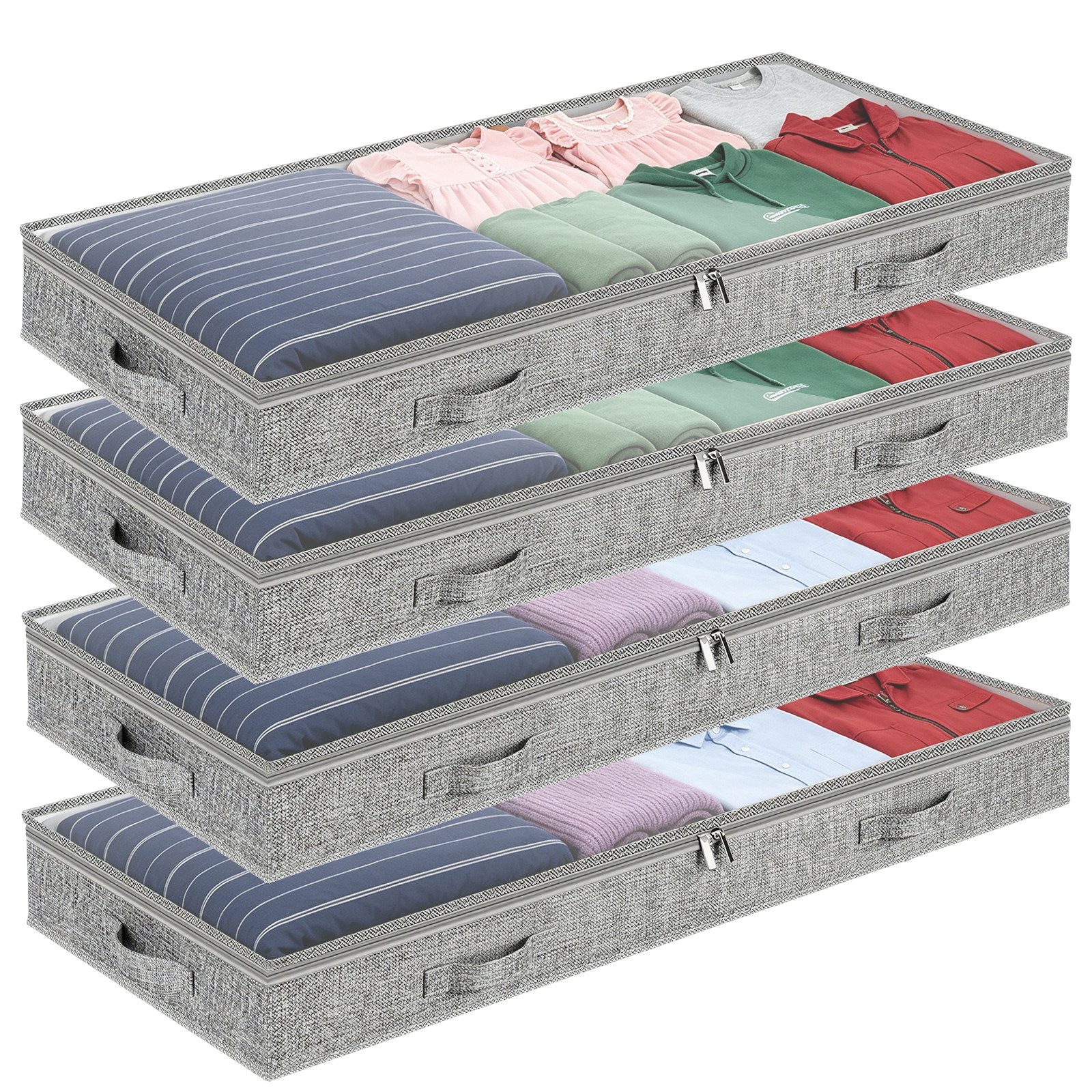 BlingBin Unterbettkommode Unterbett Aufbewahrungsbox, Unterbettkommode mit klarem Deckel (4er-Set, 4 St., 4 Stück Unterbett Aufbewahrung, 100 x 50 x 10 cm, 50L), Faltbare Kleideraufbewahrung & Organisation für Kleidung, Bettdecken