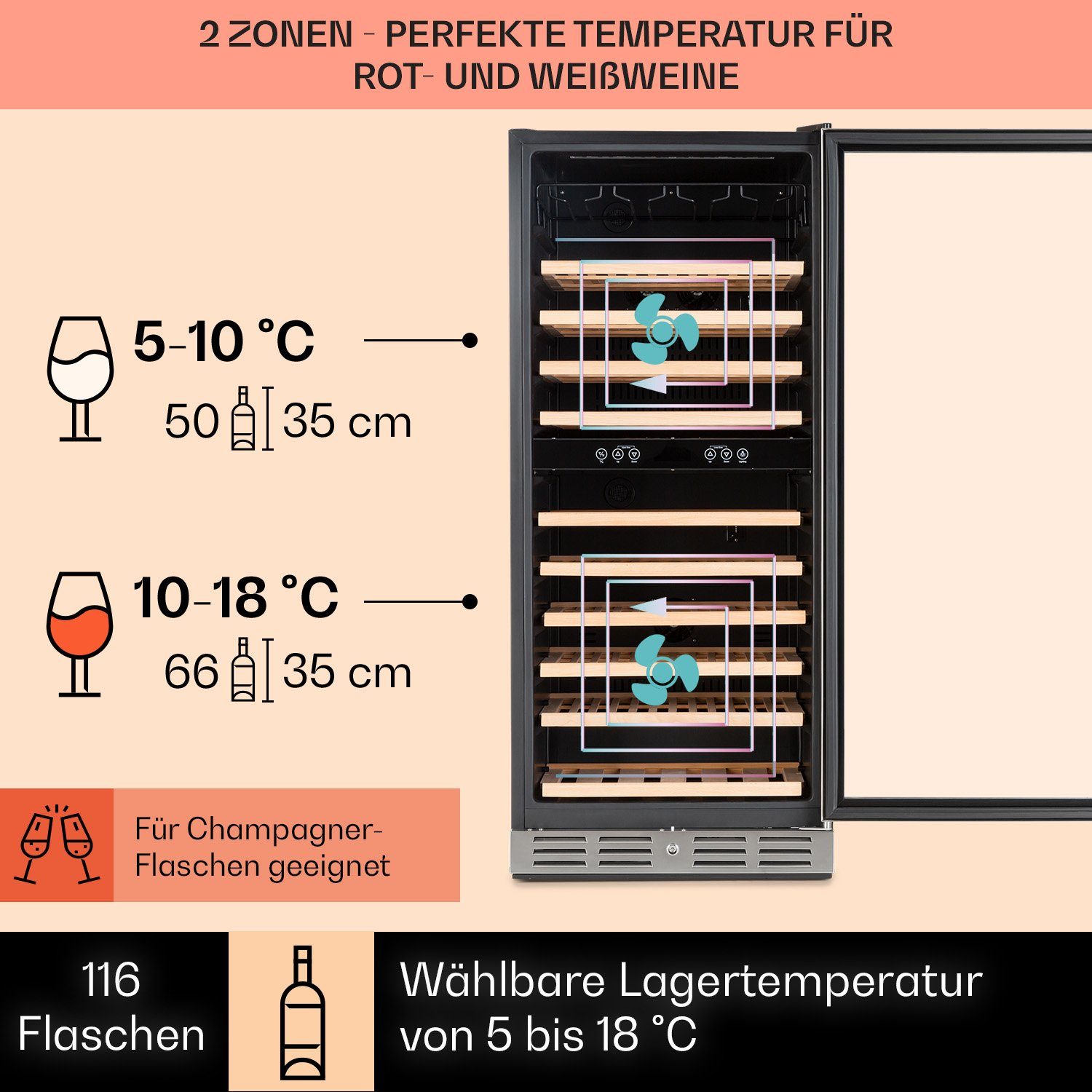 Klarstein Weinkühlschrank Vinovilla Grande 116, für 116 Standardflaschen á 0,75l,2 Zonen Wein Flaschenkühlschrank Weintemperierschrank Weinschrank