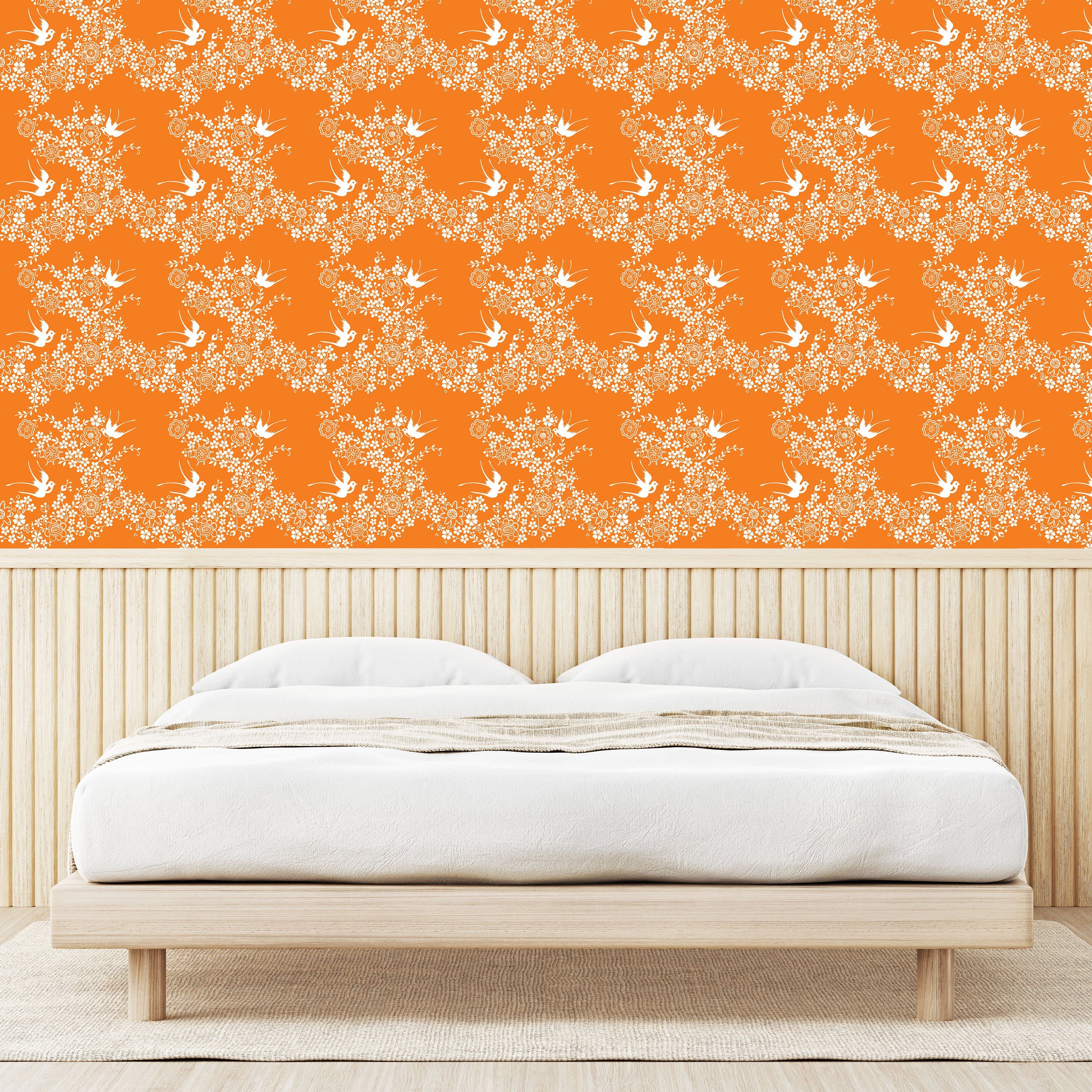 Wohnzimmer Küchenakzent, Vinyltapete Orange Abakuhaus selbstklebendes Japanische Baum-Vogel-Kunst