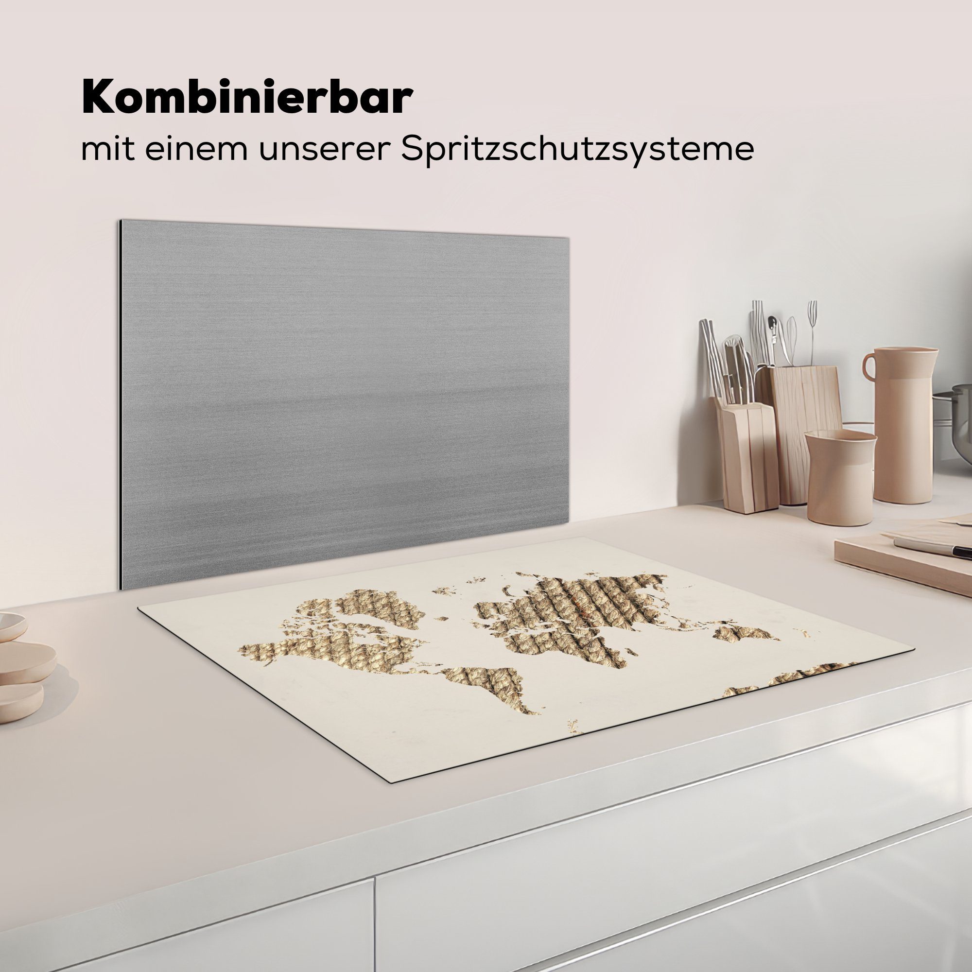 Vinyl, 71x52 Herdblende-/Abdeckplatte die Schutz Weltkarte Seil Beige, - MuchoWow tlg), (1 küche, Ceranfeldabdeckung für Induktionskochfeld - cm,