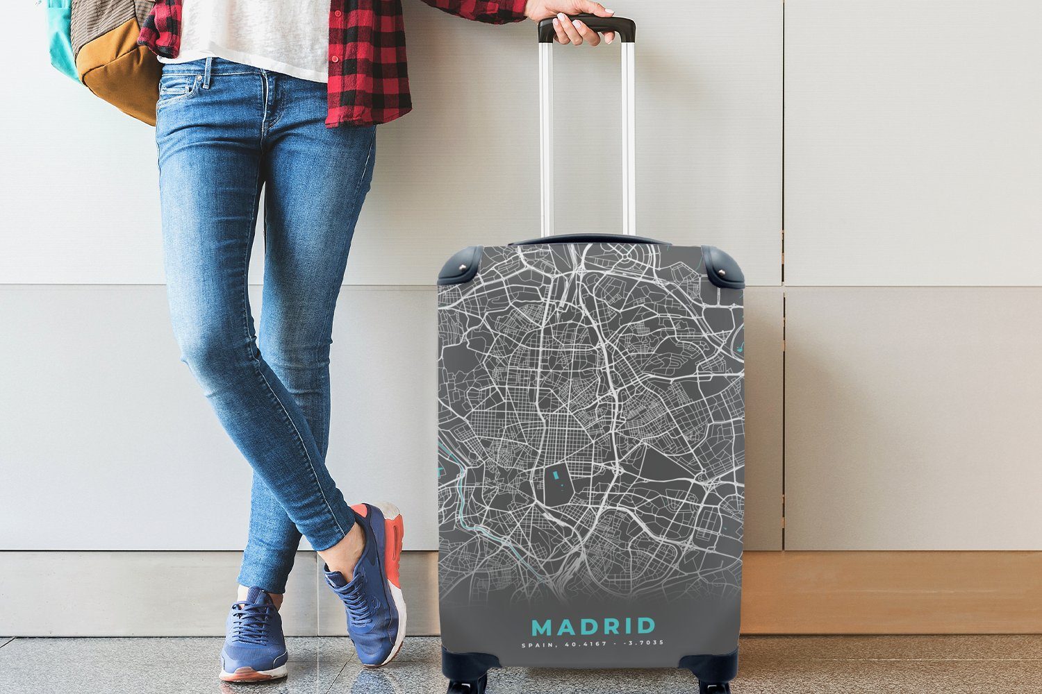 MuchoWow Handgepäckkoffer Madrid - Reisetasche mit Blau Rollen, Karte Trolley, - Stadtplan, Reisekoffer für 4 Ferien, Handgepäck rollen, 