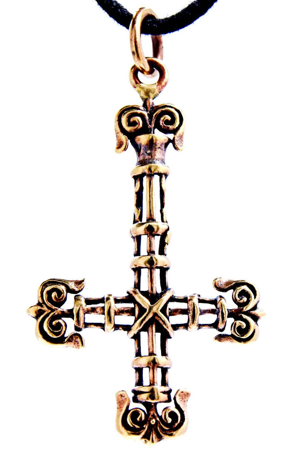 Kettenanhänger umgedrehtes Kreuz Bronze Anhänger Satan Satanist Satanskreuz Schnörkel