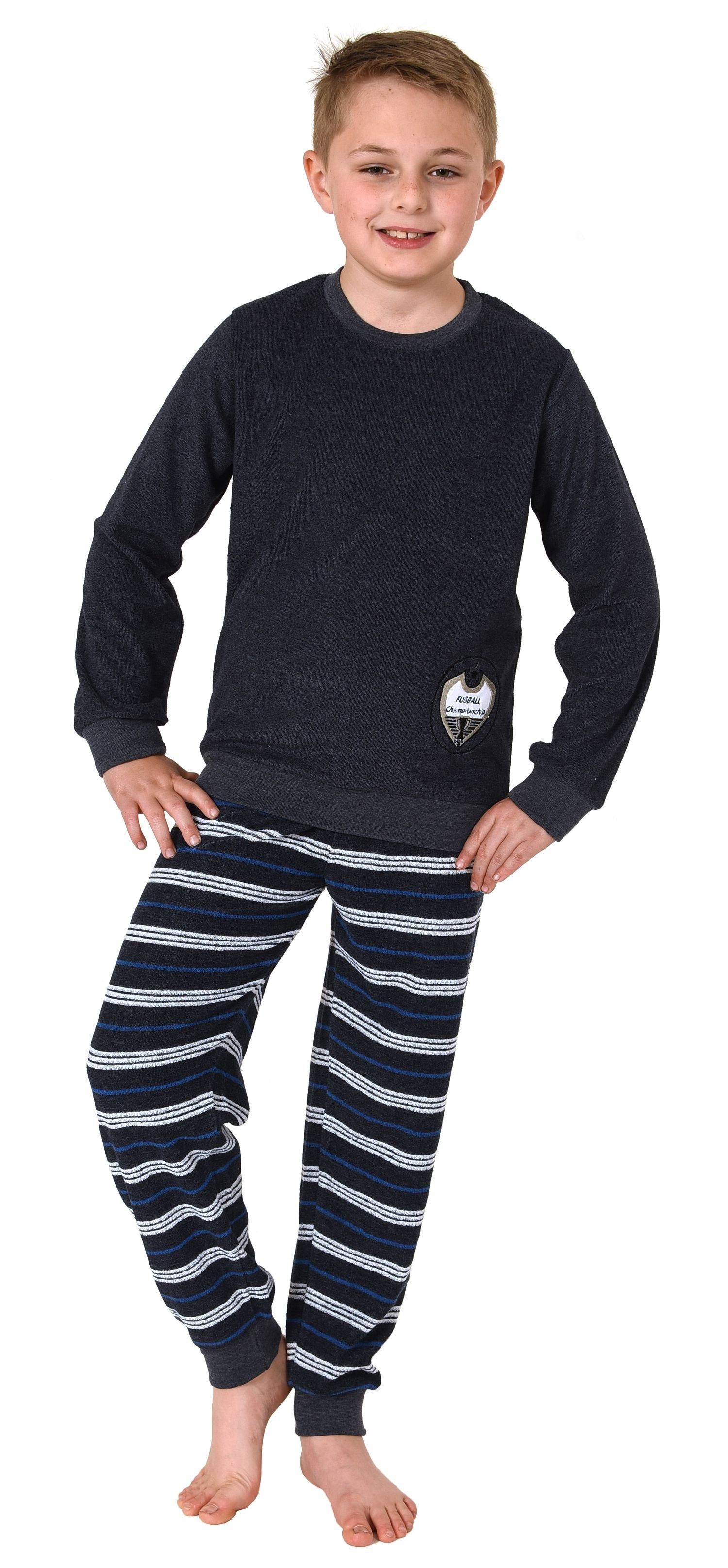 Frottee Normann Bündchen Pyjama Schlafanzug und Fussball-Motiv mit marine langarm Jungen
