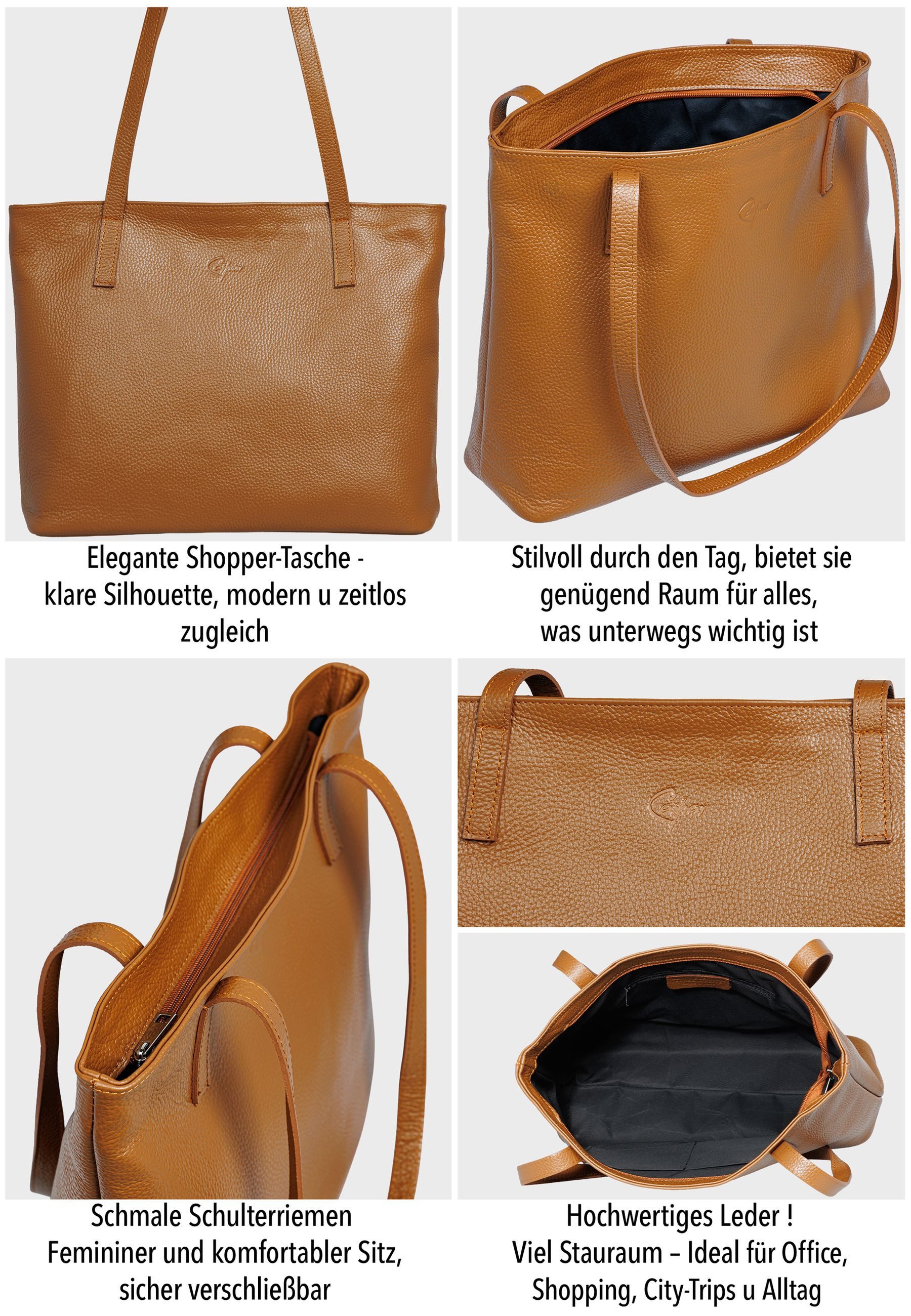 Caspar Schultertasche Leder Damen Shopper Tasche - PREMIUM LINE - Modell No.853, elegant, robust & unempfindlich - 100% Echtleder - Handmade in Italy – Bild 4 von 5