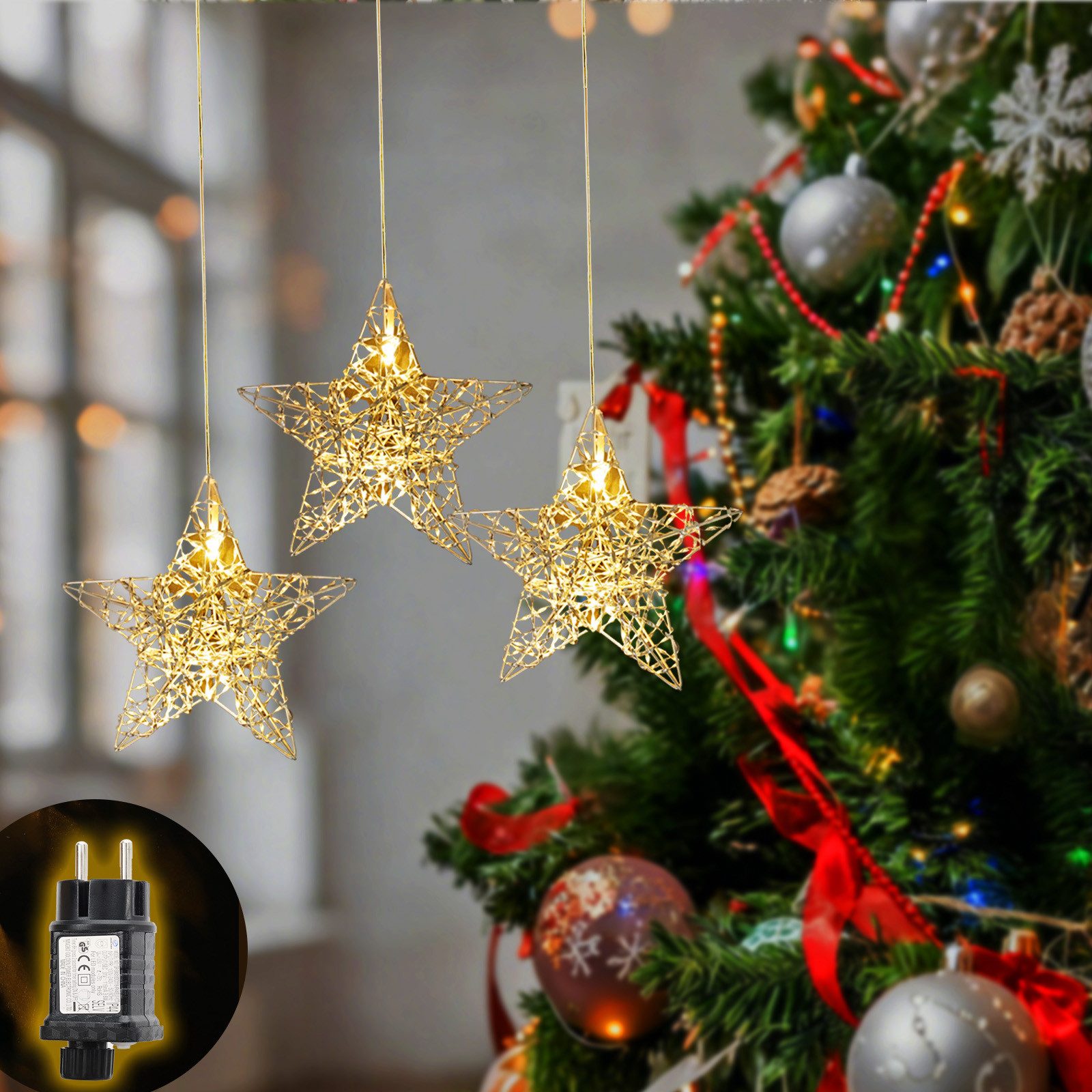 Salcar LED-Lichterkette LED Stern Warmweiß Ø15cm Fensterdeko Sterne LED Weihnachtsdeko, 3 Sterne mit Timer Steckerbetrieb für Weihnachten & Partys
