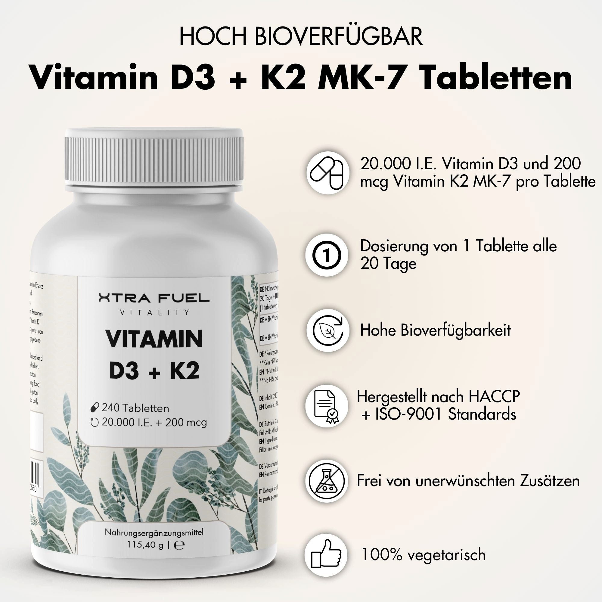 XTRA FUEL Vitamin D3 + K2 240 Tabletten - 20.000 I.E. + 200mcg - 100% rein Tablette, 115.4 g