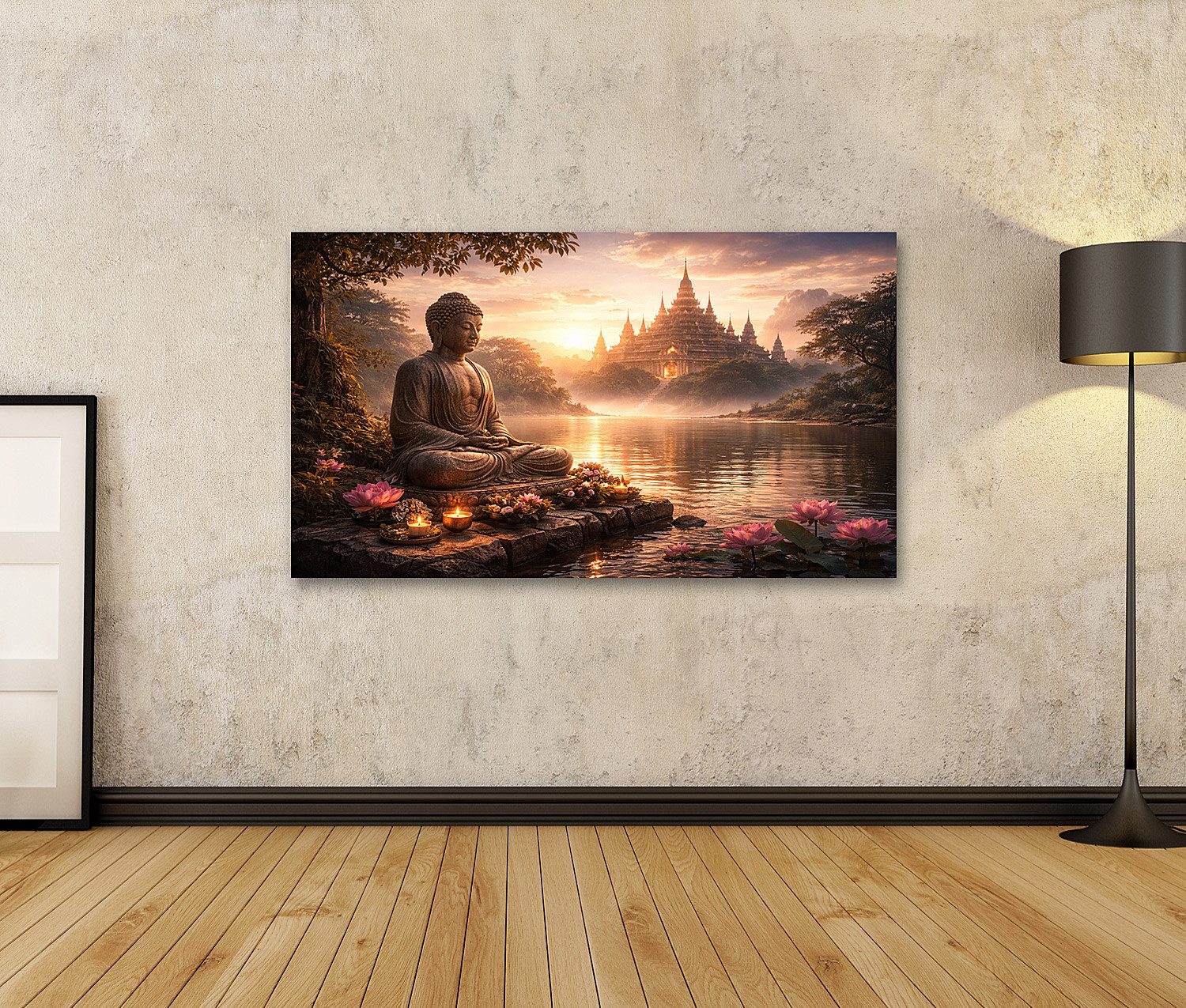 islandburner Leinwandbild Buddha Statue am See mit Lotusblumen und Tempel im Hintergrund -