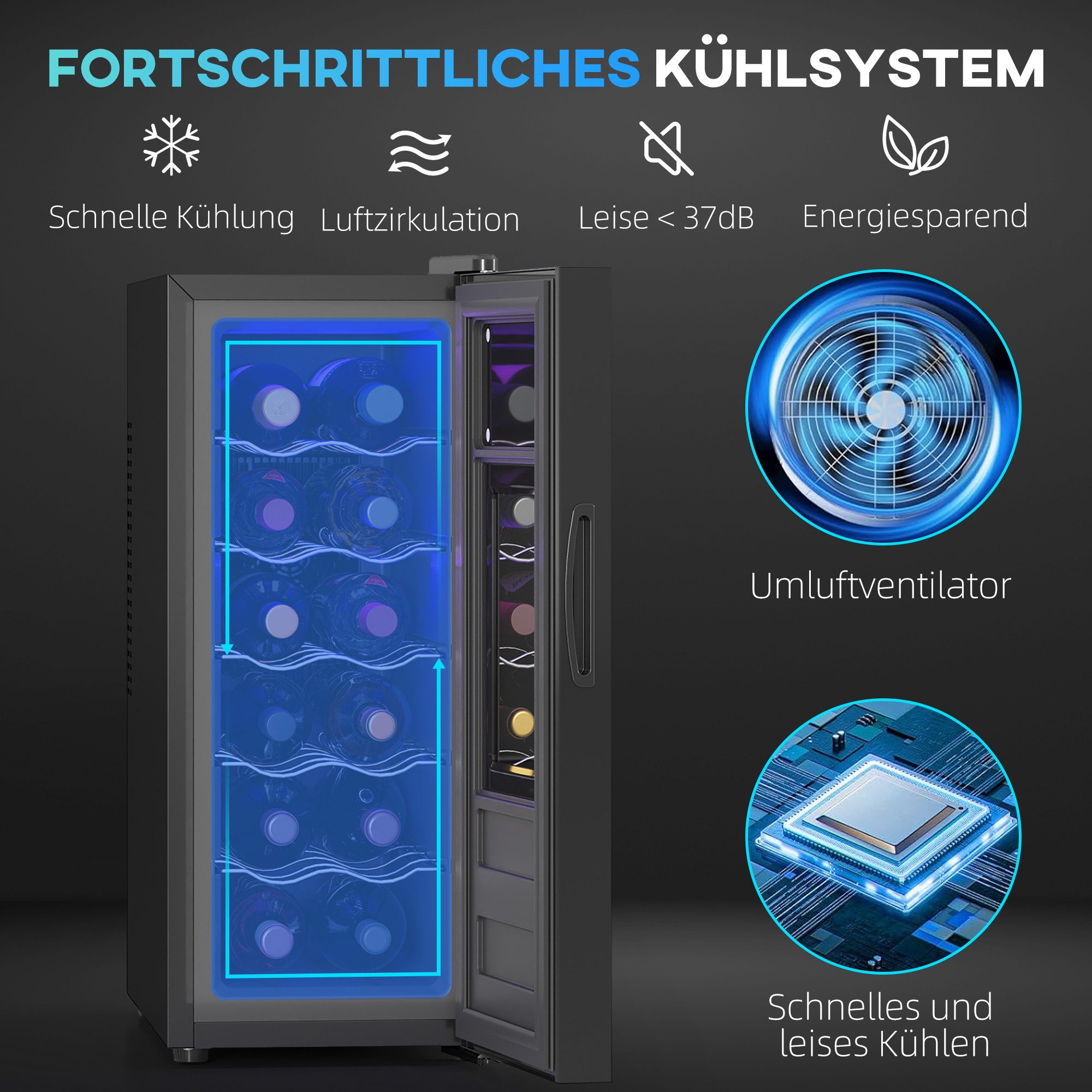 HOMCOM Weinkühlschrank Kompressor 20 Flaschen 5-18°C, Touchscreen, LED-Beleuchtung, für 12 Standardflaschen á 0,75l,mit Innenbeleuchtung, Schwarz – Bild 4 von 5