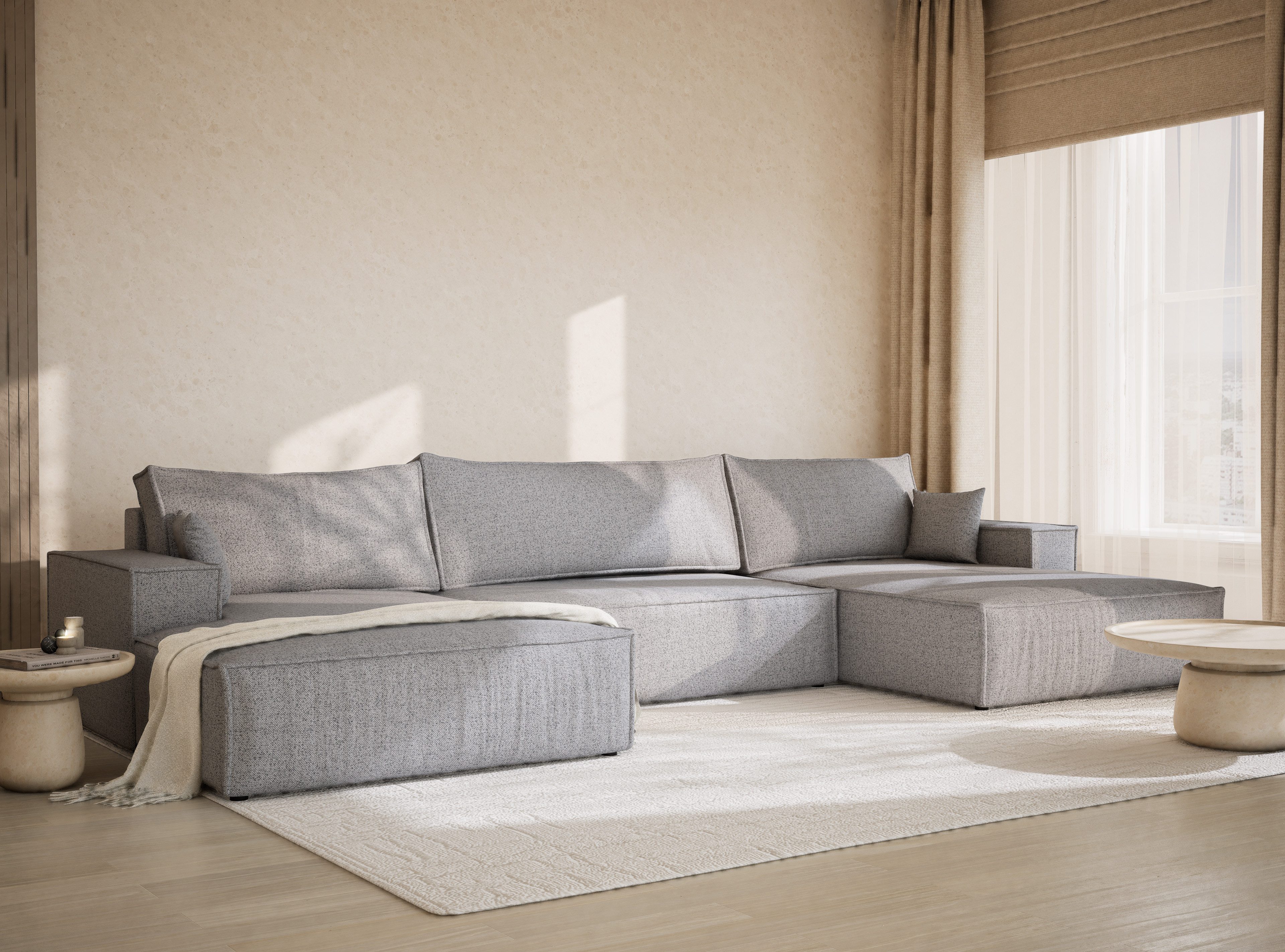 Maison de Rêve Wohnlandschaft Kyoto mit Schlaffunktion, U-Form Sofa mit Bettkasten, Zierkissen, Liegefläche 135x343 cm