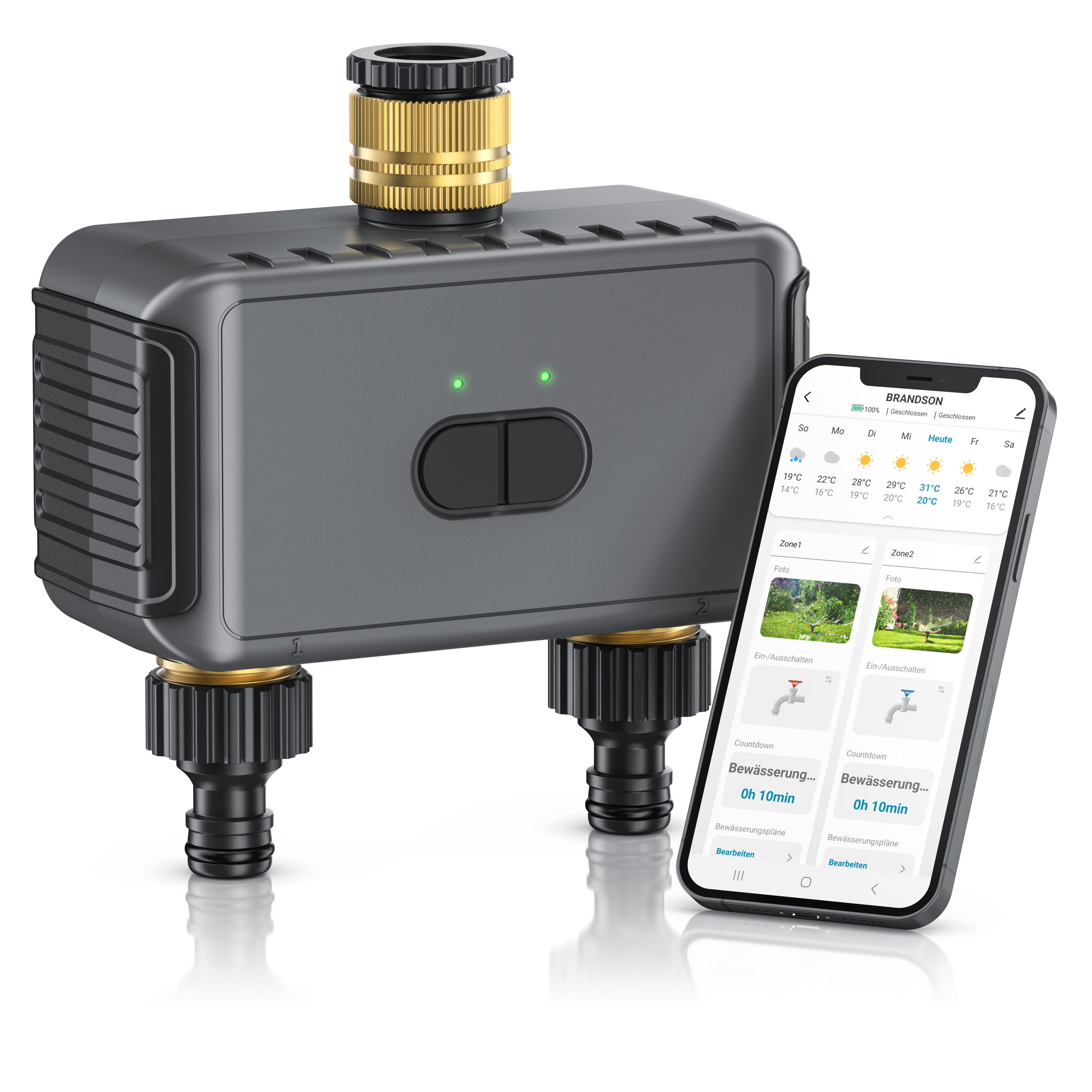 Brandson Bewässerungscomputer Smart, APP, WLAN, 2-Zonen Bewässerungssystem, Garten Bewässerungstimer, (Set, inkl. Adapter-Set & Dichtungsband), Automatische Bewässerung, Tuya Smart, Alexa/Google, Regenverzögerung