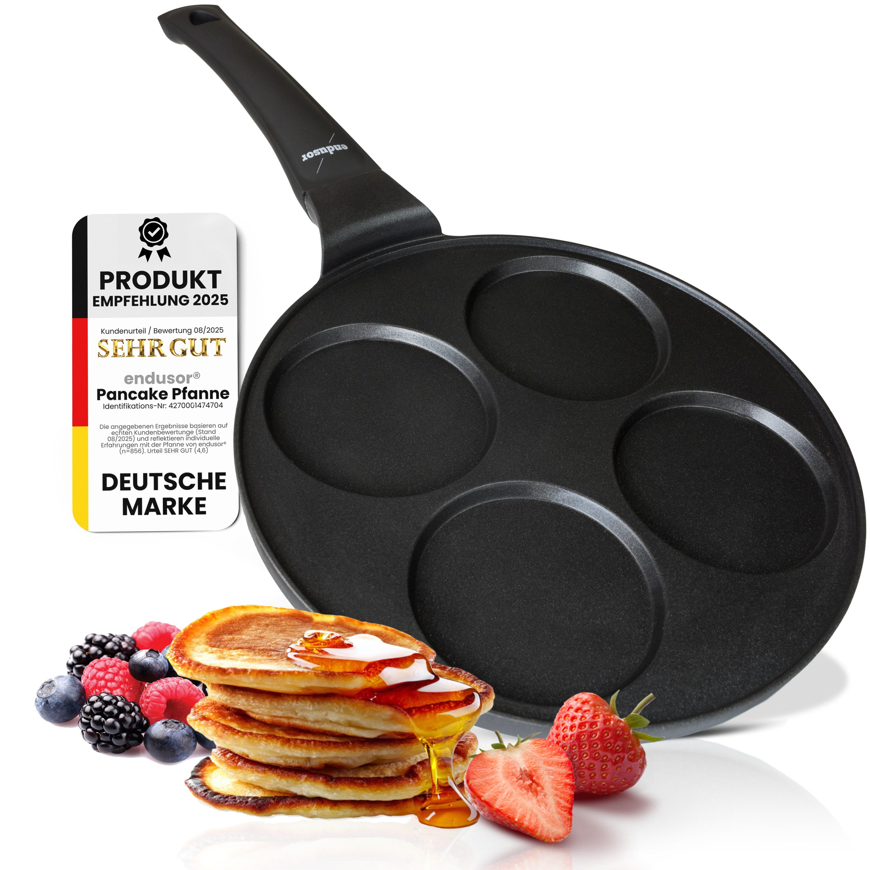 endusor Crêpepfanne Pancake Pfanne ⌀26cm (4 Mulden), Aluminiumguss (Alle Herdarten inkl. Induktion, Ø 26cm Bratpfanne), modernster Antihaft-Beschichtung & Eisenkernboden für Pancakes & Mehr