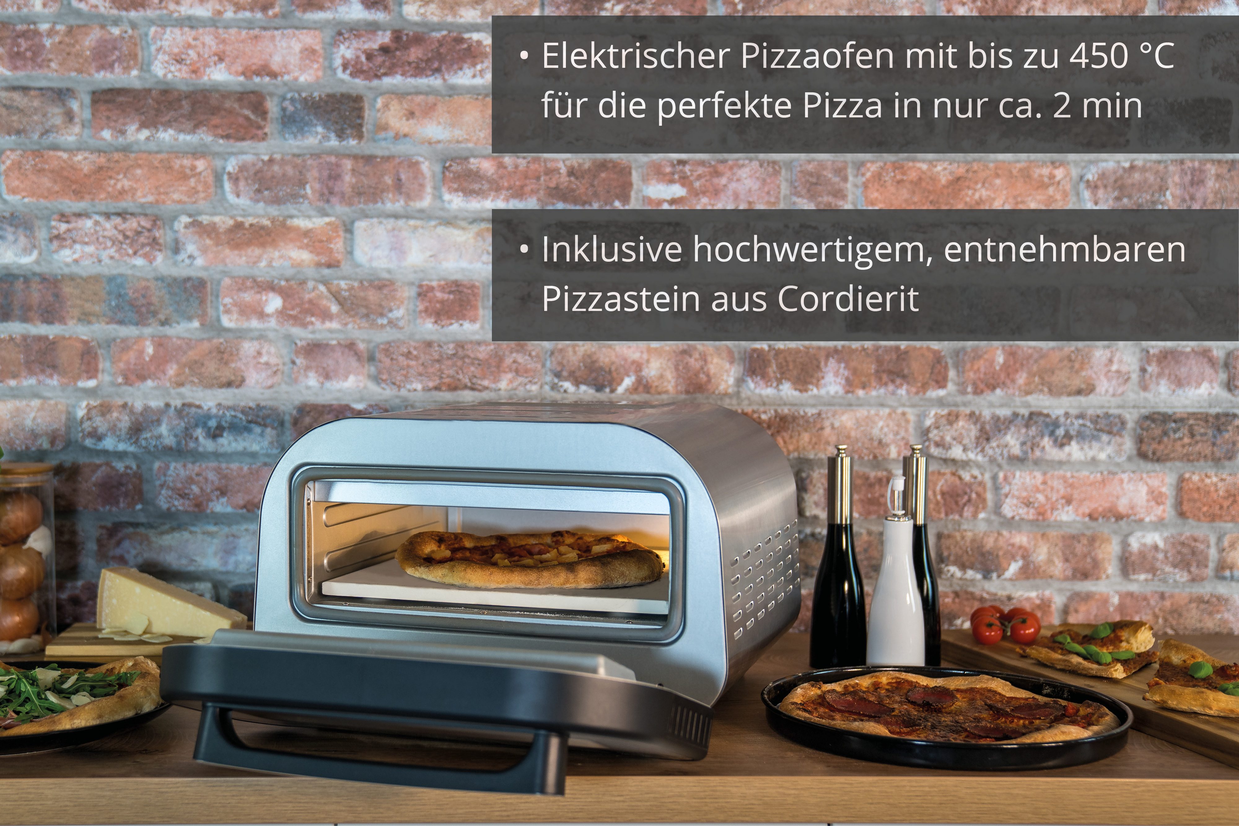 Unold Pizzaofen Bundle Luigi mit Pizzastein & Pizzaschieber Aluminium, Leistungsstarke bis zu 450 °C, Ober- und Unterhitze