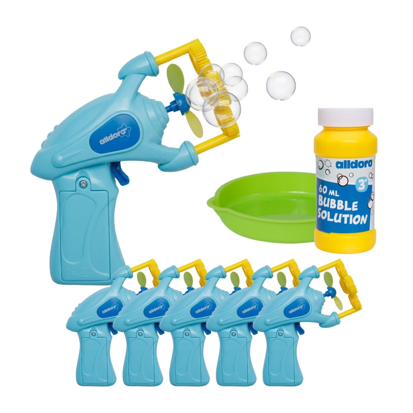 alldoro Seifenblasenpistole 6er Set Seifenblasenpistolen für Kinder, mit Propeller und Flüssigkeit, blaues Seifenblasen-Spielzeug für Gruppen und ideal als Mitgebsel