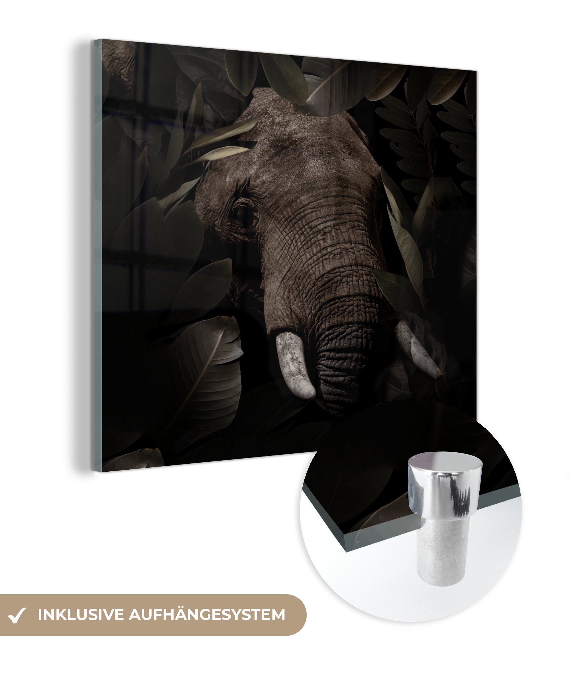 MuchoWow Acrylglasbild Elefant - Tiere - Blätter - Botanisch, (1 St), Glasbilder - Bilder auf Glas Wandbild - Foto auf Glas - Wanddekoration