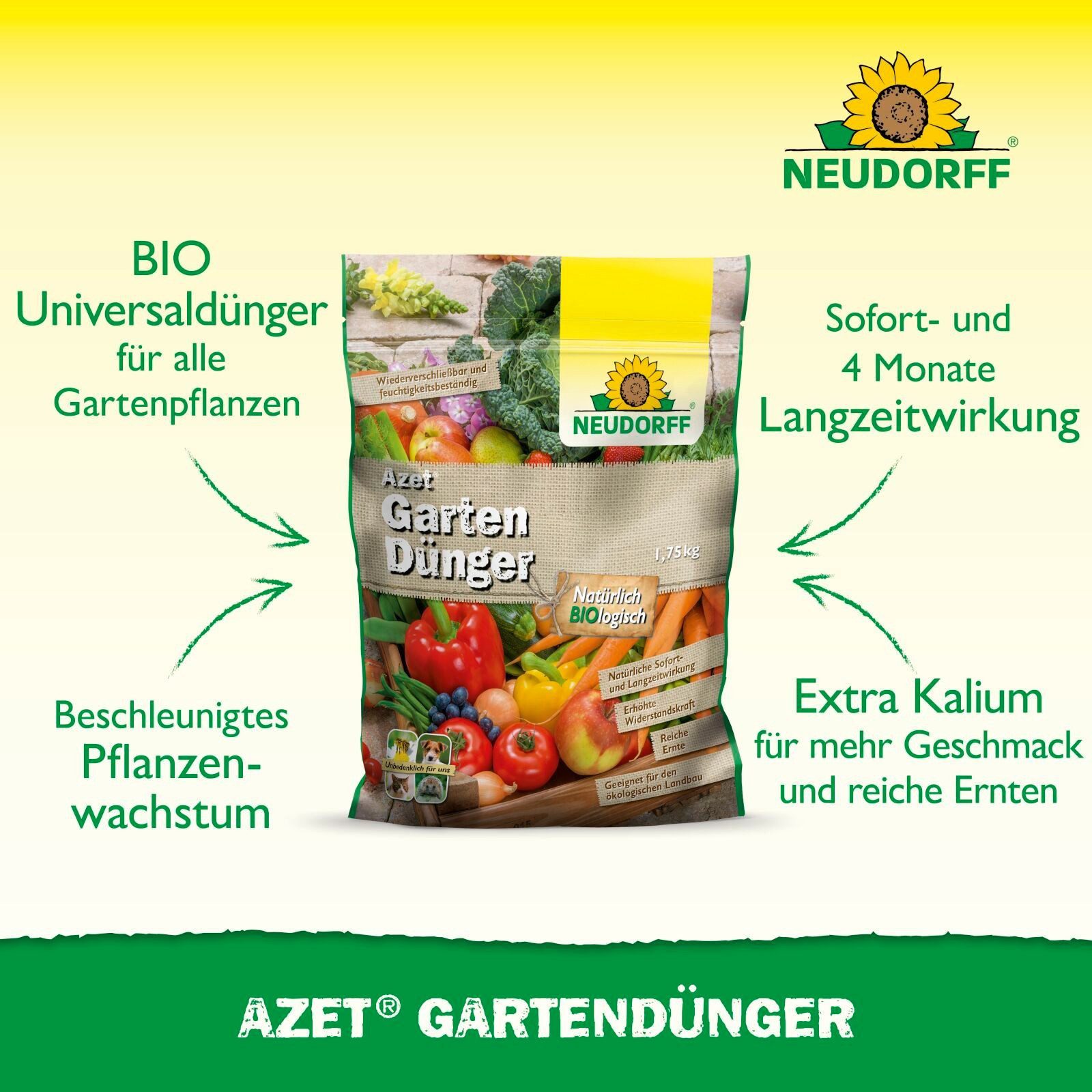 Neudorff Gartendünger Azet GartenDünger 1,75 kg, organischer Langzeitdünger mit natürlicher Sofort- & Langzeitwirkung, unbedenklich für Mensch und Tier