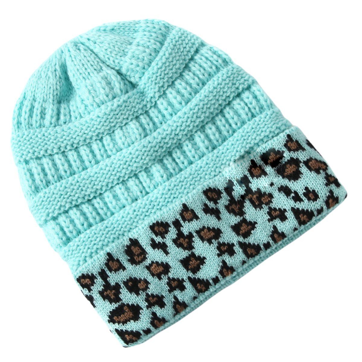 mit Himmelblau Jerseymütze aus Leopardenmuster Damen-Strickmütze warmer selected carefully Wolle