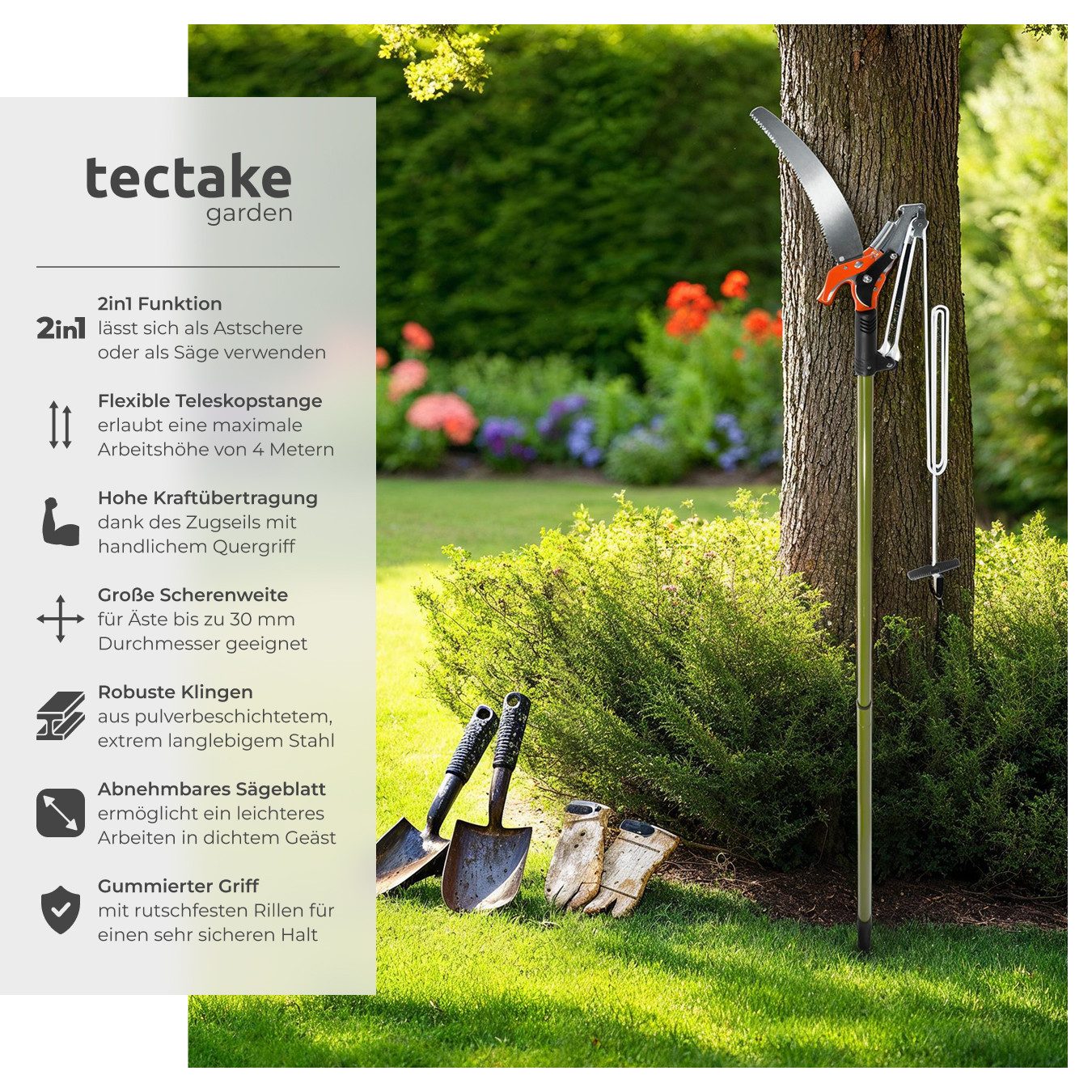 tectake Astschere Teleskop-Astschere, mit Seilzug und Säge
