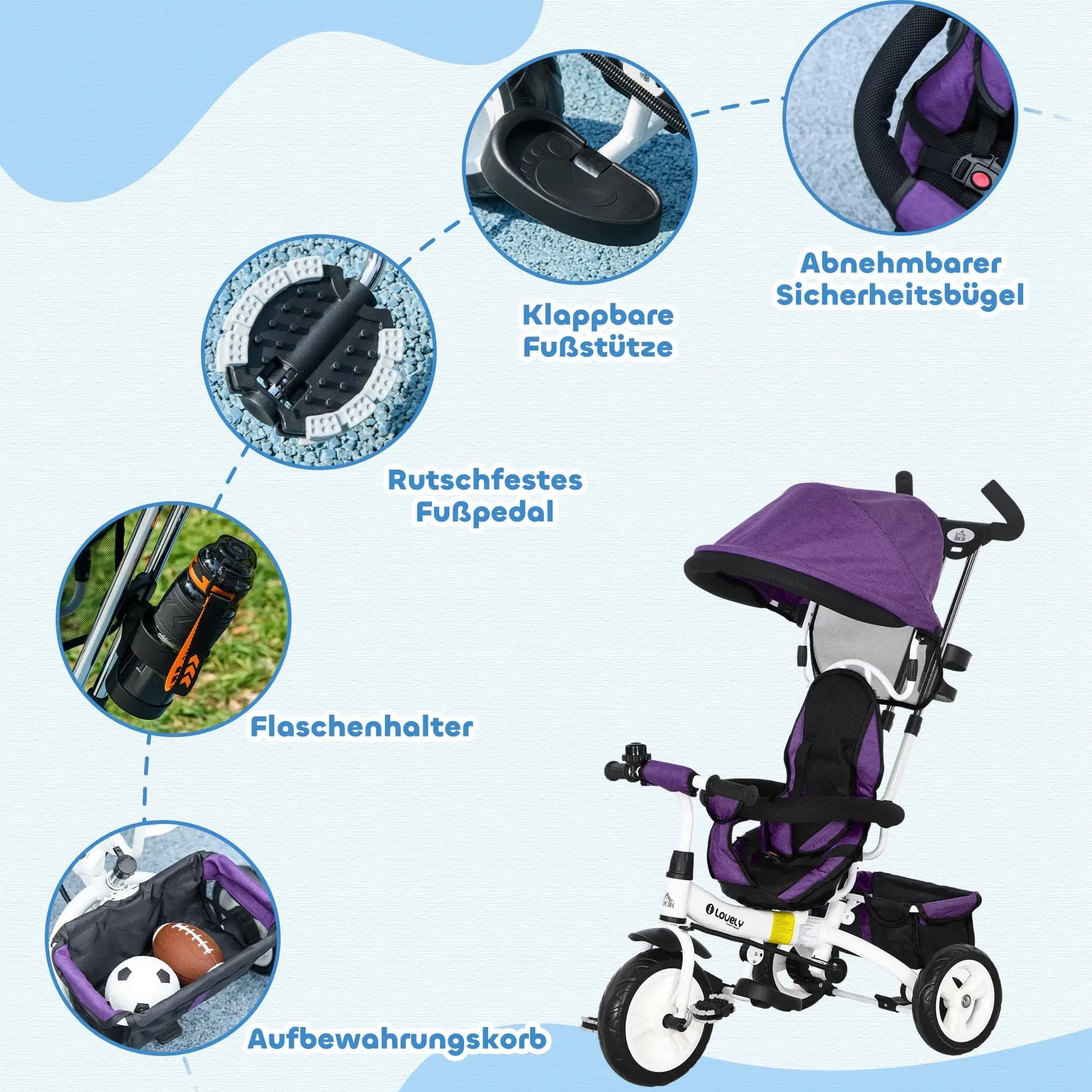 autolock Dreirad-Kinderwagen 6-in-1 Kinderdreirad mit Schiebestange,Dach,Gurt,Ablagekorb