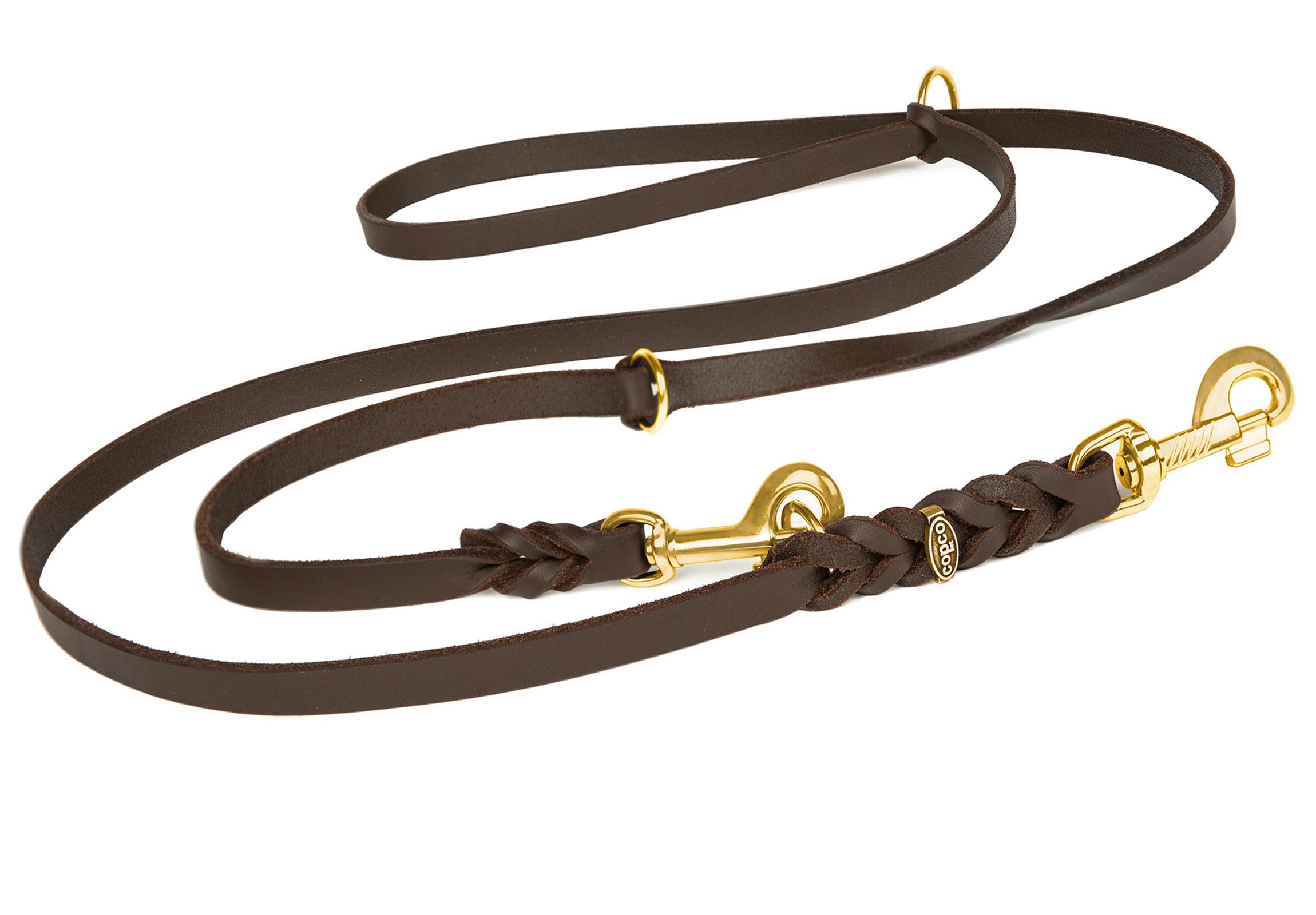 CopcoPet Hundeleine Fettlederleine Hundeleine geflochten dreifach verstellbar Messing, Leder