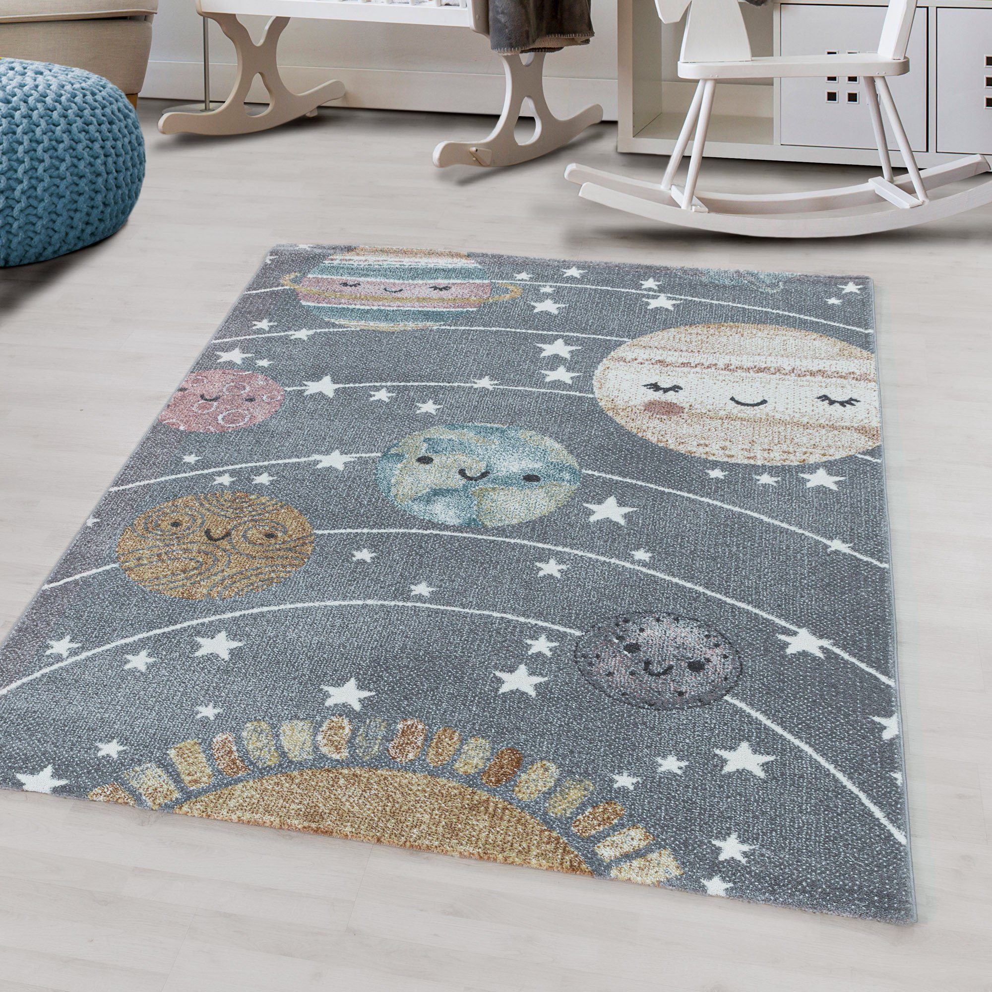 Kinderteppich Planetenteppich Kinderzimmer Kinderteppich Kurzflorteppich Astronaut, Miovani Grau | Kinderteppiche