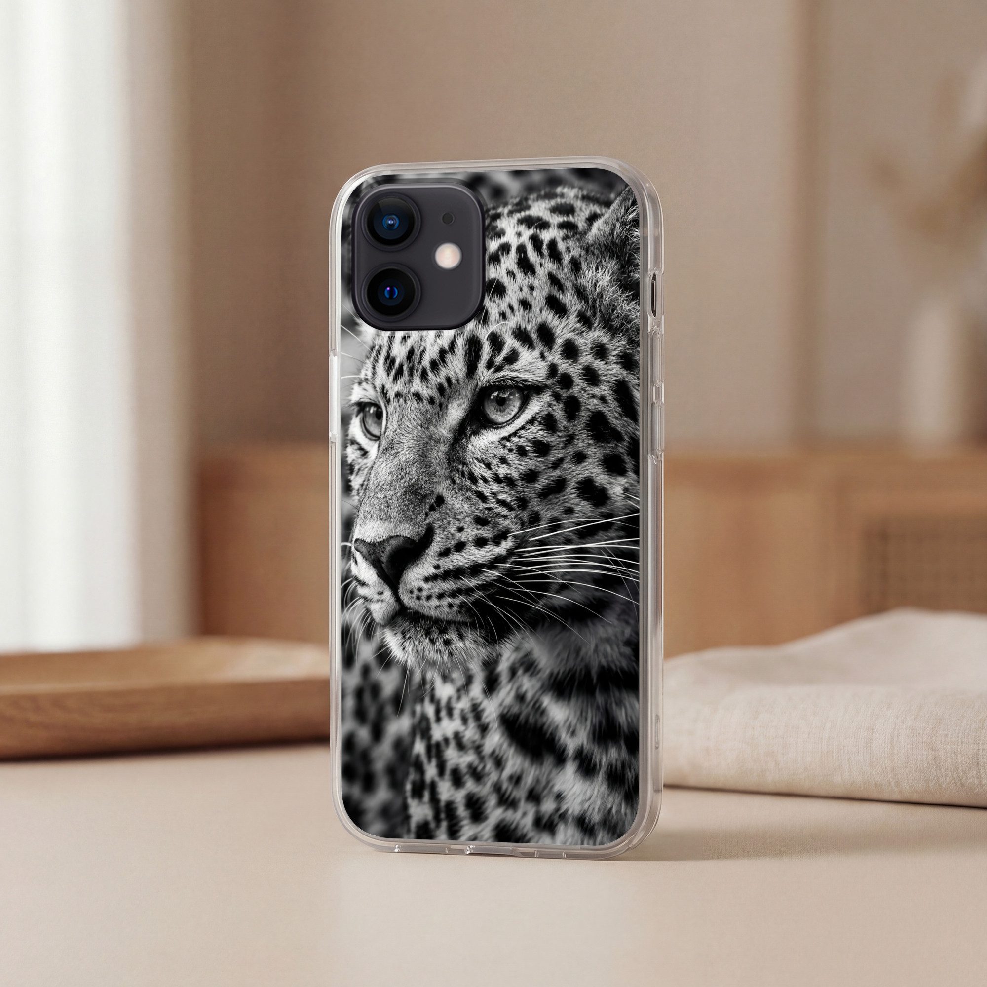 MuchoWow Handyhülle für Apple iPhone 12 Leopard - Schwarz - Weiß - Auge, Smartphone-Bumper, Print, Handy Schutzhülle Dünn
