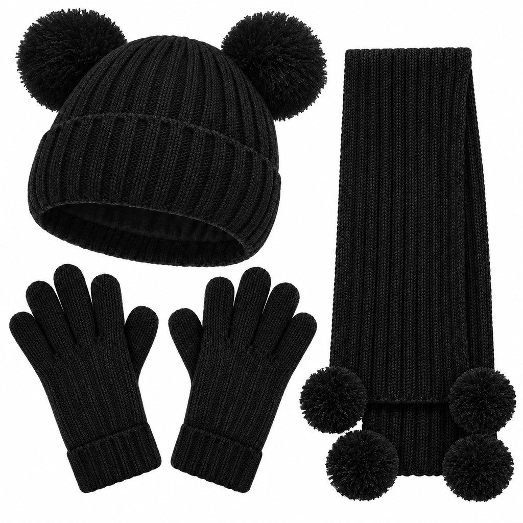 Autrucker Filzhut Kinder Mütze Schal Handschuhe Set, Warme Strickmütze mit Bommel (3-St) Fleece gefüttert für Mädchen und Jungen