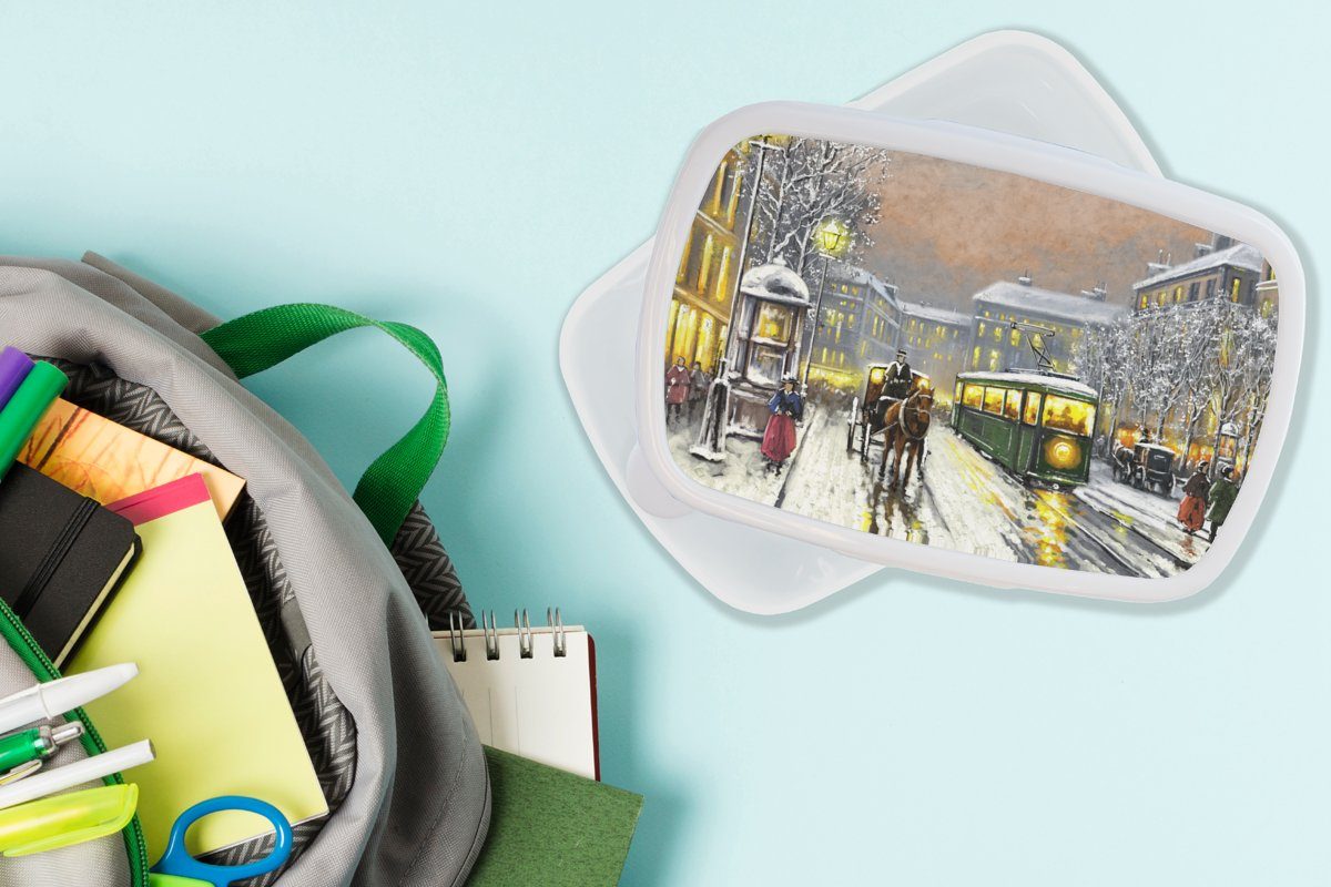 MuchoWow Lunchbox Gemälde - Ölgemälde Brotdose, für (2-tlg), Winter - weiß Straßenbahn Mädchen und Pferd, Erwachsene, - Brotbox Kunststoff, Jungs Kinder und - für